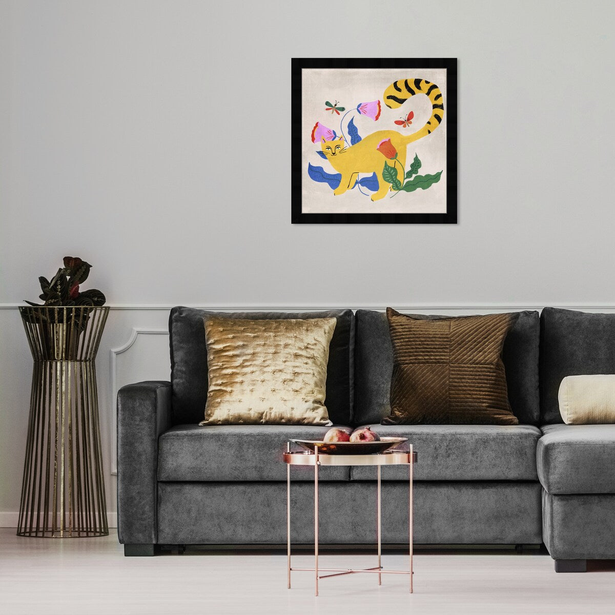 Blonde Tabby Floral Kitten Butterfly Garden Modern Yellow Framed Wall Art Print - Perfect for Bedroom, Nursery & Home Decor