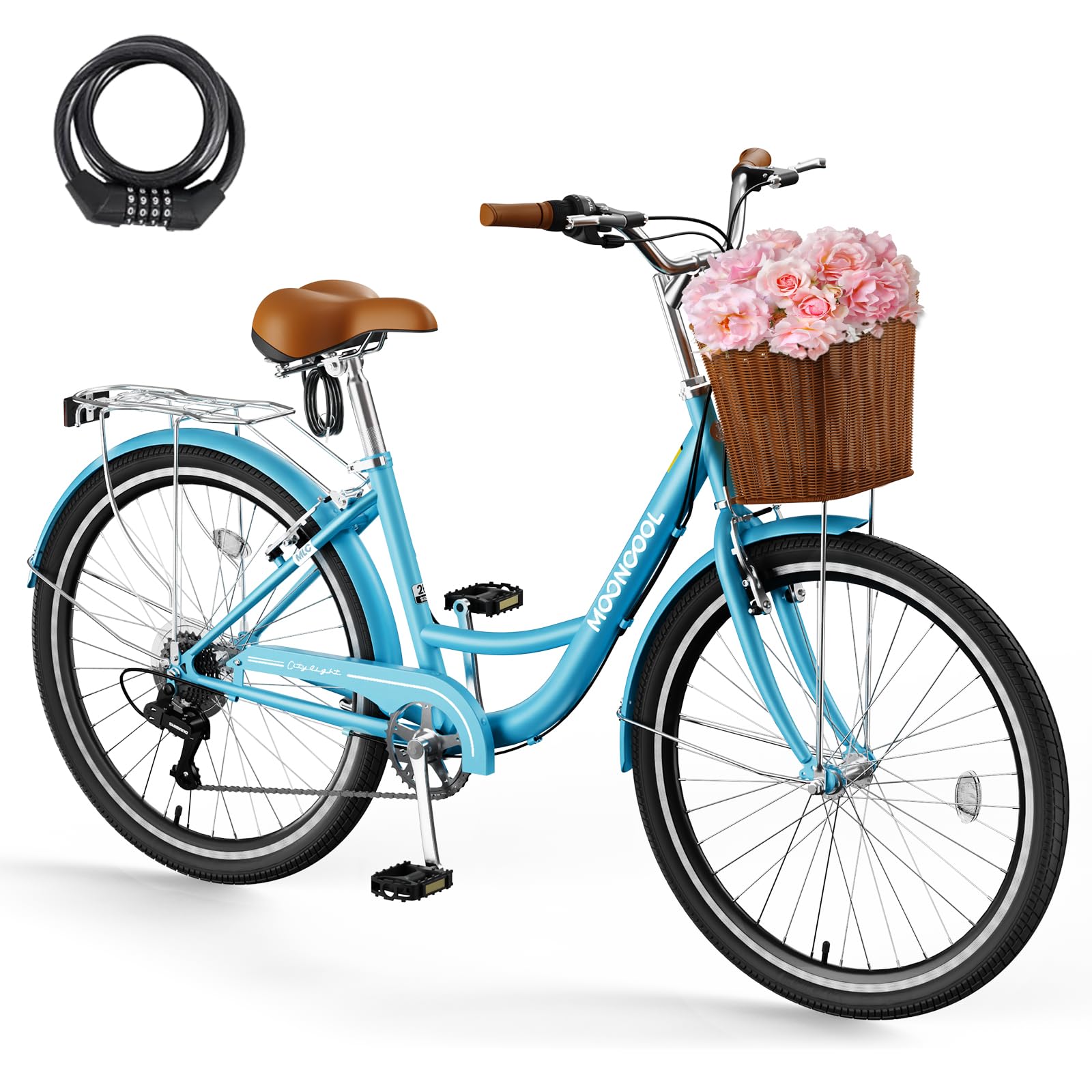 DoCred 24/26 Inch 7-Speed Lightweight Women's City Bicycle - Comfortable Beach Cruiser Bike with Rattan Front Basket & Lock - Perfect for Commuting, Leisure Rides & Beach Outings