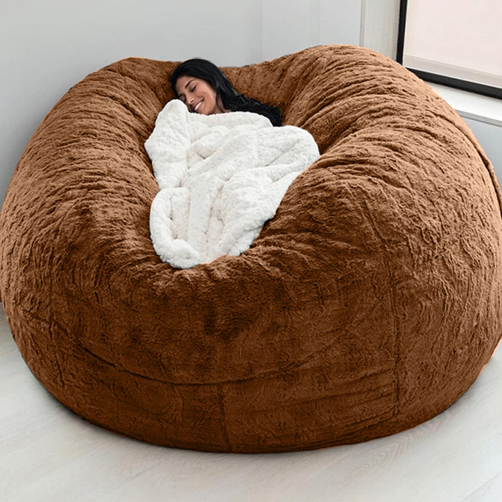GUOIOOI 7ft Giant Bean Bag Chair Cover (No Filler Included) - Soft Faux Fur Lazy Sofa Cover, Portable Lounger Storage, Living Room Sofa Bed Replacement - Perfect for Movie Nights, Gaming & Relaxation - Brown