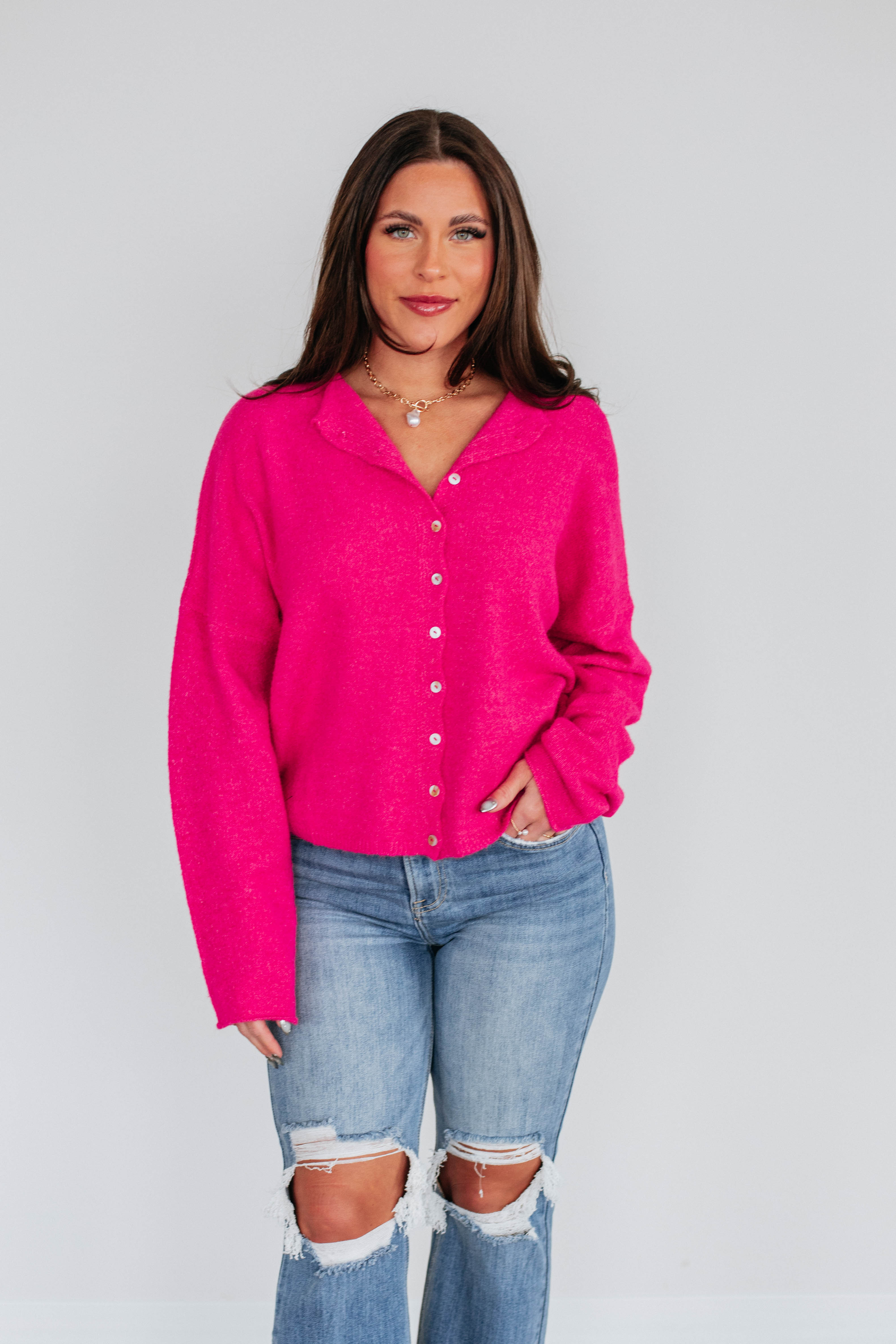 Brooke Cardigan Women's Fuchsia Pink Knit Sweater - Cozy & Stylish for Fall & Winter Outfits