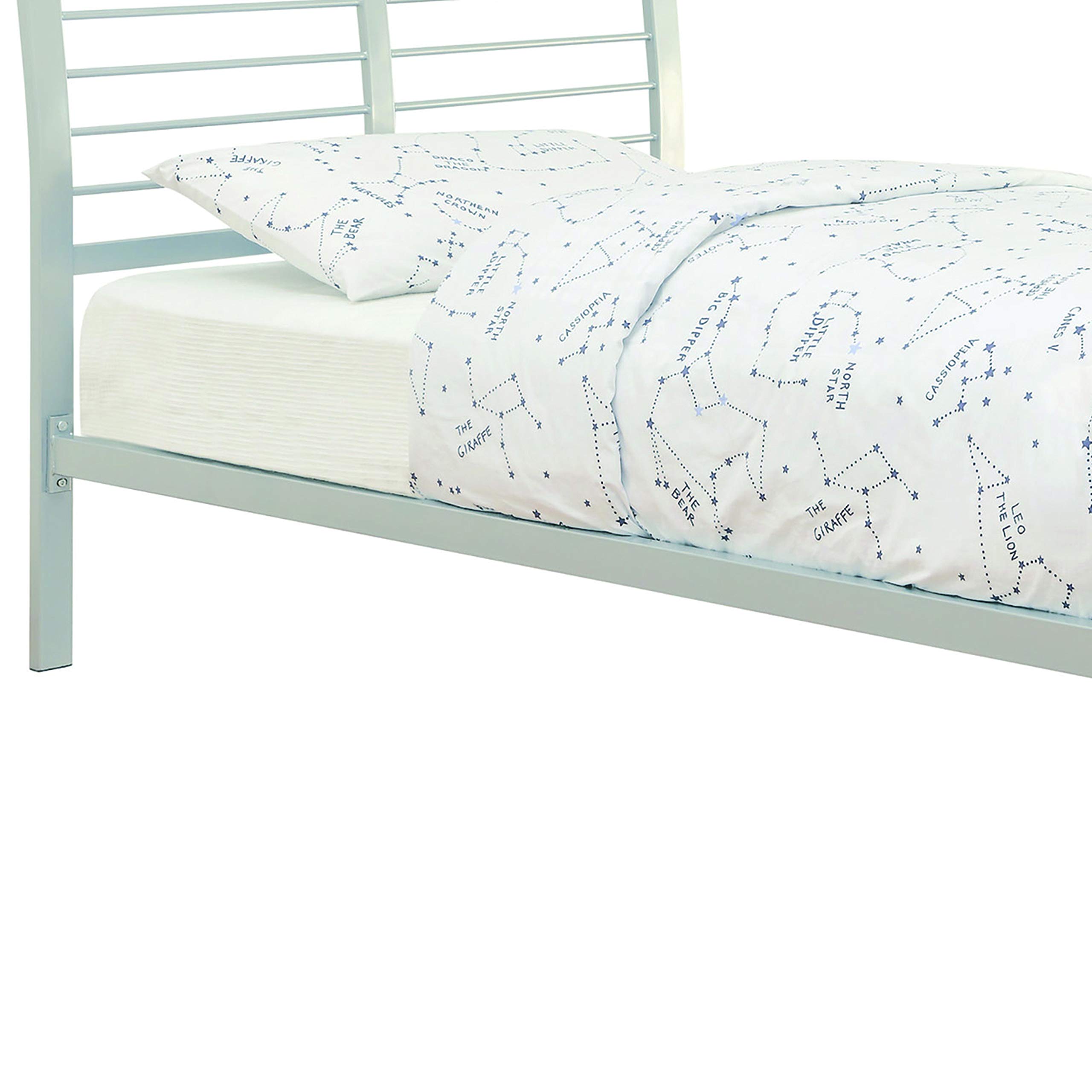 Benjara Full Size Metal Bed Frame with Slatted Headboard, Flared & Linear Design - Silver Finish | Modern Bedroom Furniture for Home & Apartment