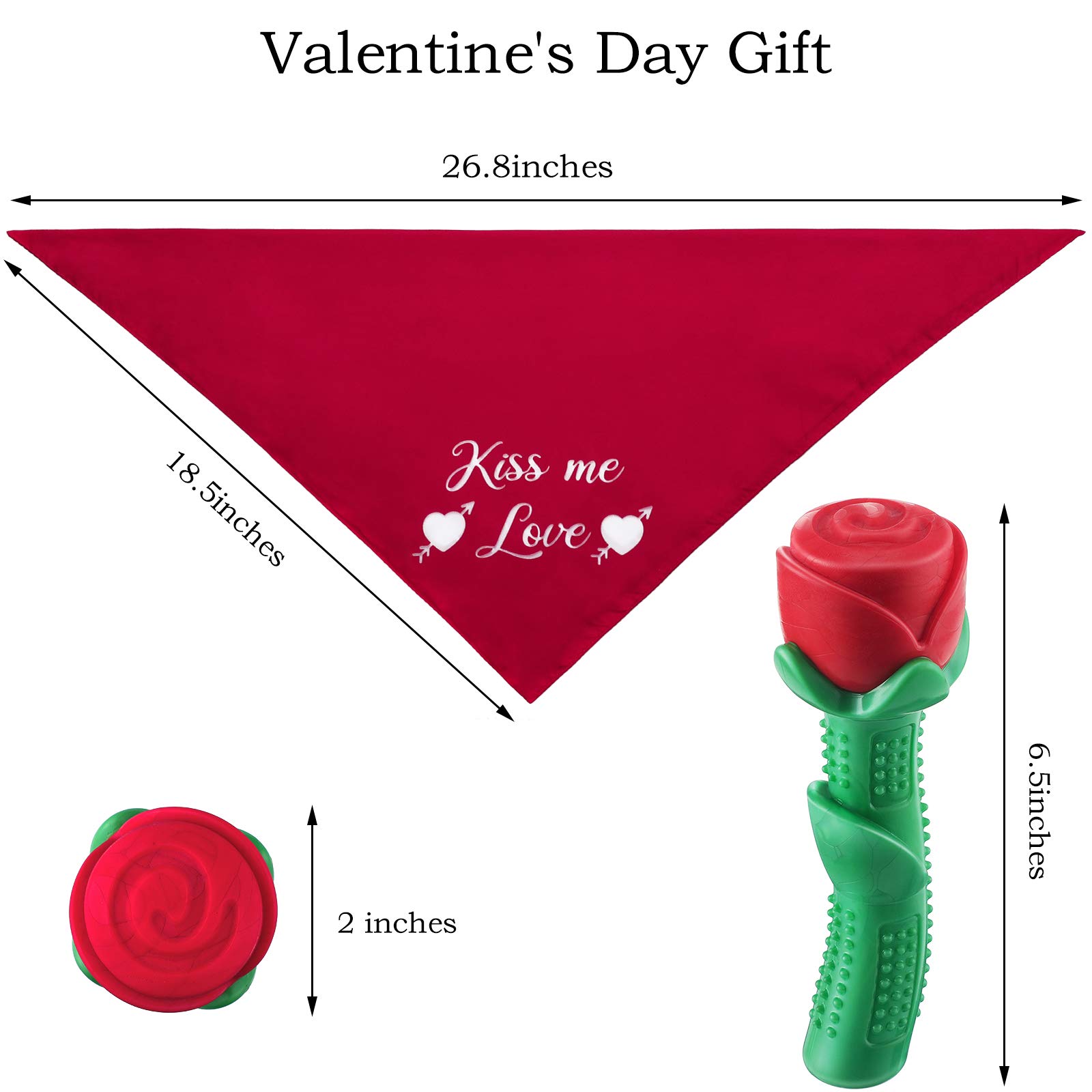 Valentine's Day Dog Chew Toys & Bandana Set - 2 Pcs Durable Rose-Shaped Chew Toys with Kisses Bandana for Small & Medium Dogs | Perfect for Valentine's Gifts, Puppy Playtime & Pet Photo Shoots
