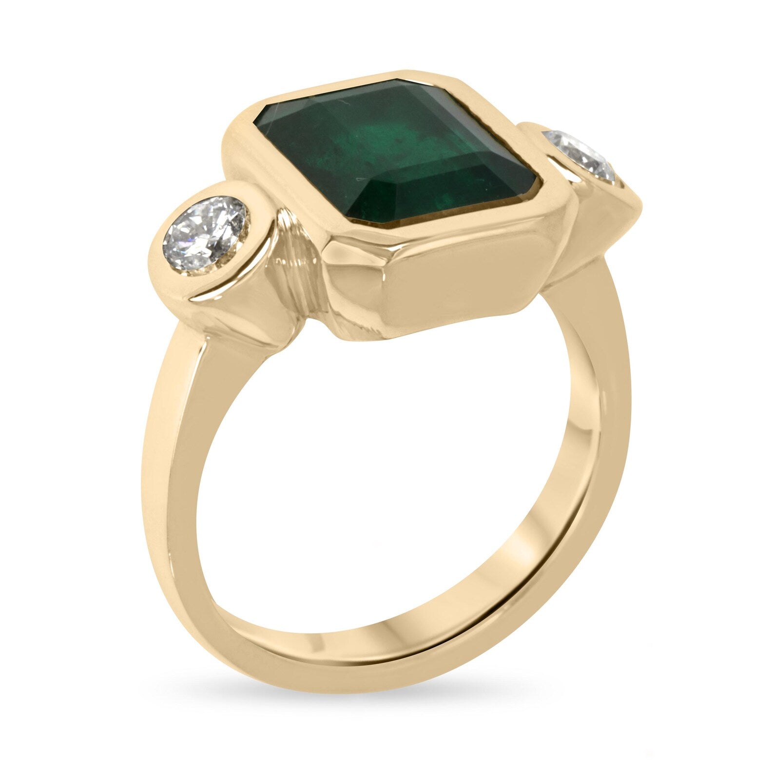 4.58tcw Natural Dark Emerald & Round Diamond Three Stone Ring in 18K Gold - Elegant Engagement, Anniversary or Gift Jewelry for Women