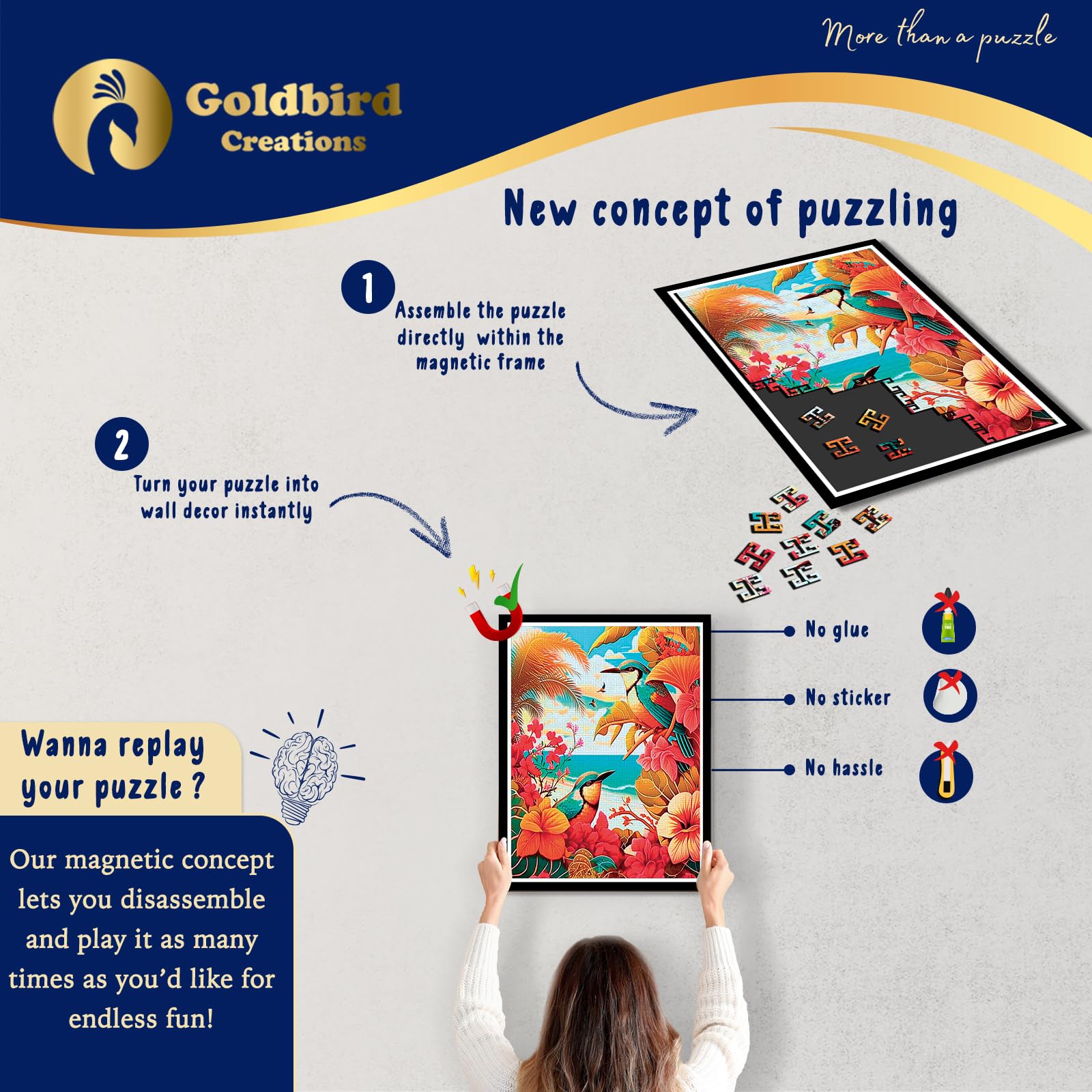 Magnetic Wooden Puzzle for Adults - Exotic Birds Art Collection - Wall Decor Puzzle with Magnetic Frame - Unique Gift for Christmas & Birthday - Perfect for Home Office & Living Room Decoration