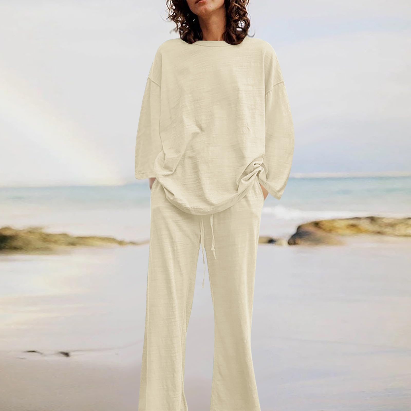 Oelaio Women's 2-Piece Pant Suit Set - Wide Leg Lounge & Travel Outfit - Casual 100% Cotton Comfort Wear for Home, Office & Vacation