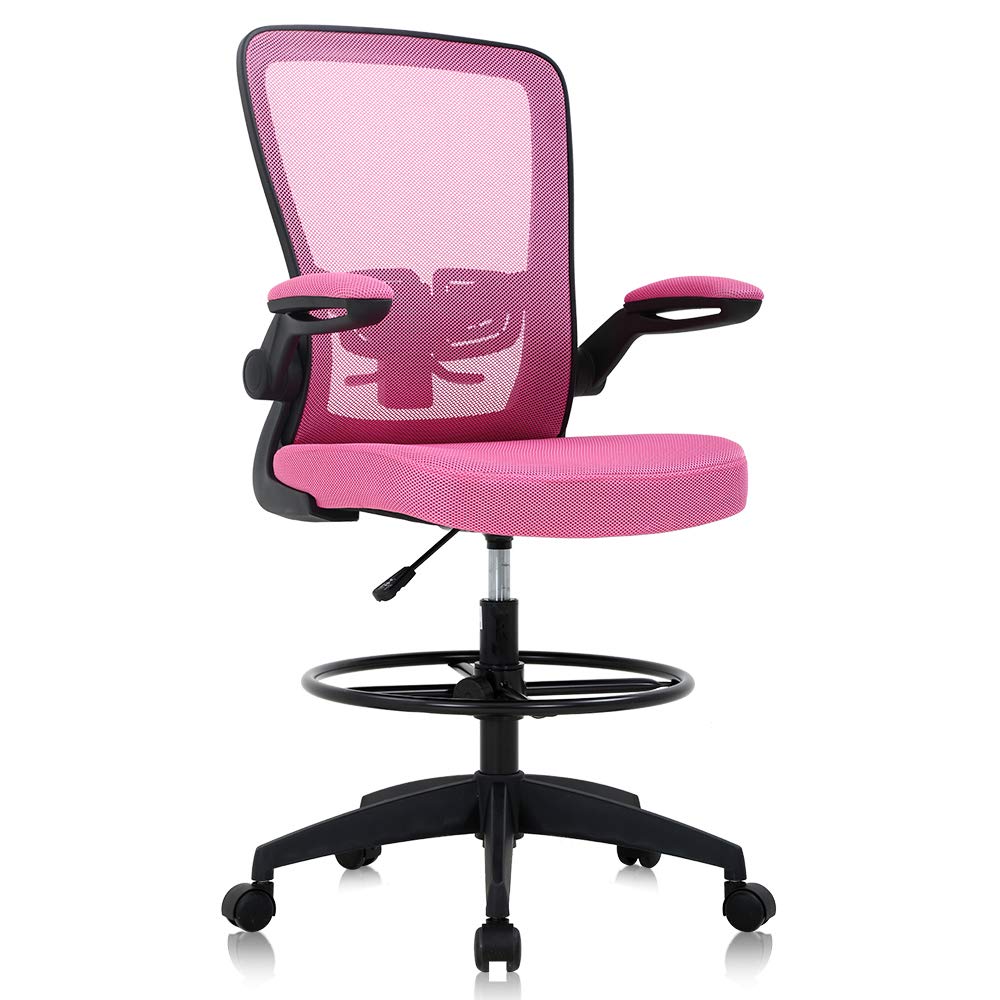 Ergonomic Drafting Chair with Lumbar Support - Adjustable Height Office Chair, Mesh Back Computer Desk Chair with Flip-Up Arms & Foot Ring - Perfect for Home Office, Gaming, and Professional Workspaces (Pink)