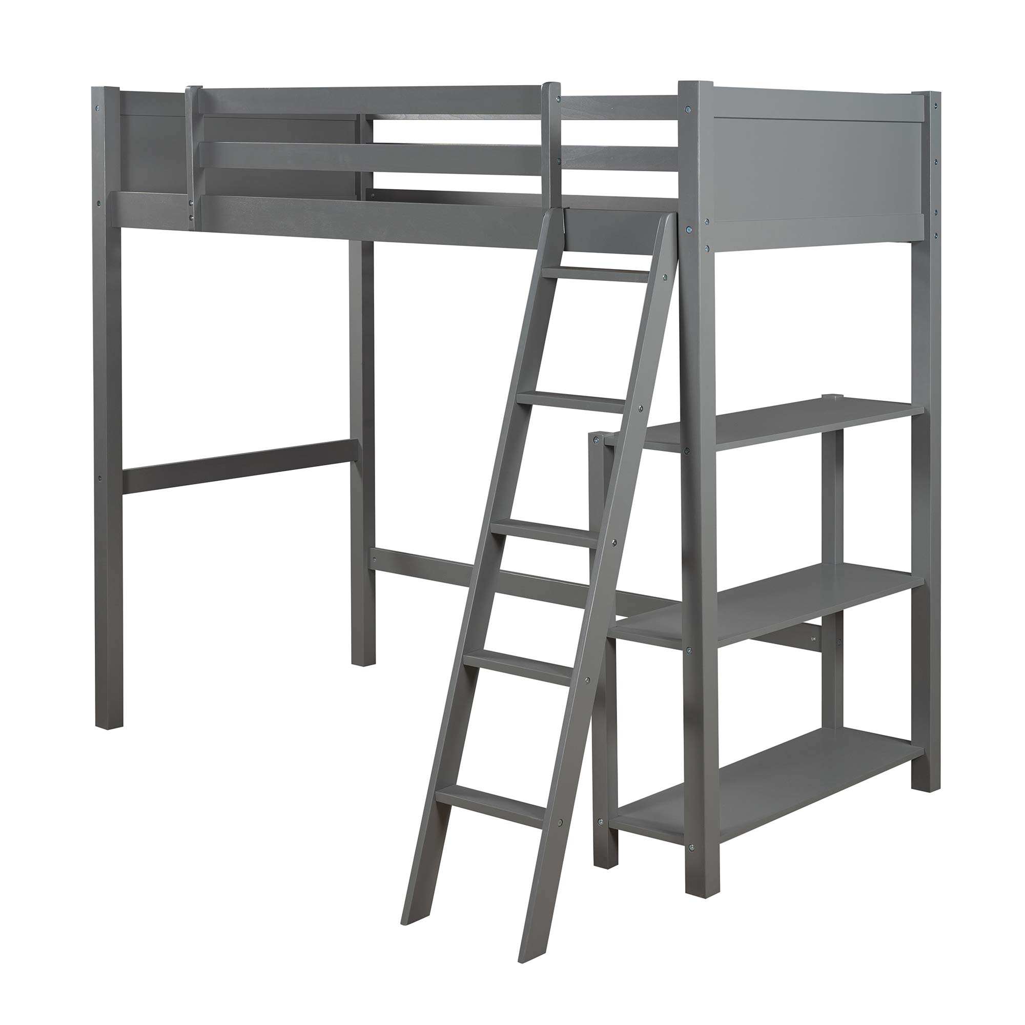Kids Wooden Twin Loft Bed Frame with Storage Shelves & Angled Ladder - No Box Spring Needed, Space-Saving Gray Loft Bed for Small Rooms, Dorm, or Apartment - Perfect for Sleep, Study & Play
