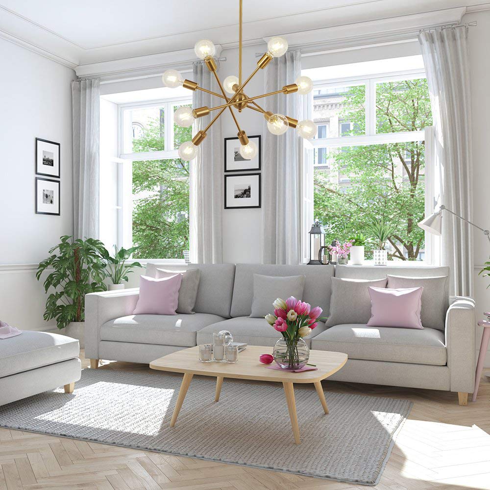 BONLICHT Modern 10-Light Sputnik Chandelier Brushed Brass Adjustable Arm Metal Kitchen Pendant Light, Mid Century Vintage Industrial Ceiling Fixture for Living Room, Dining Room, Bedroom & Office Lighting