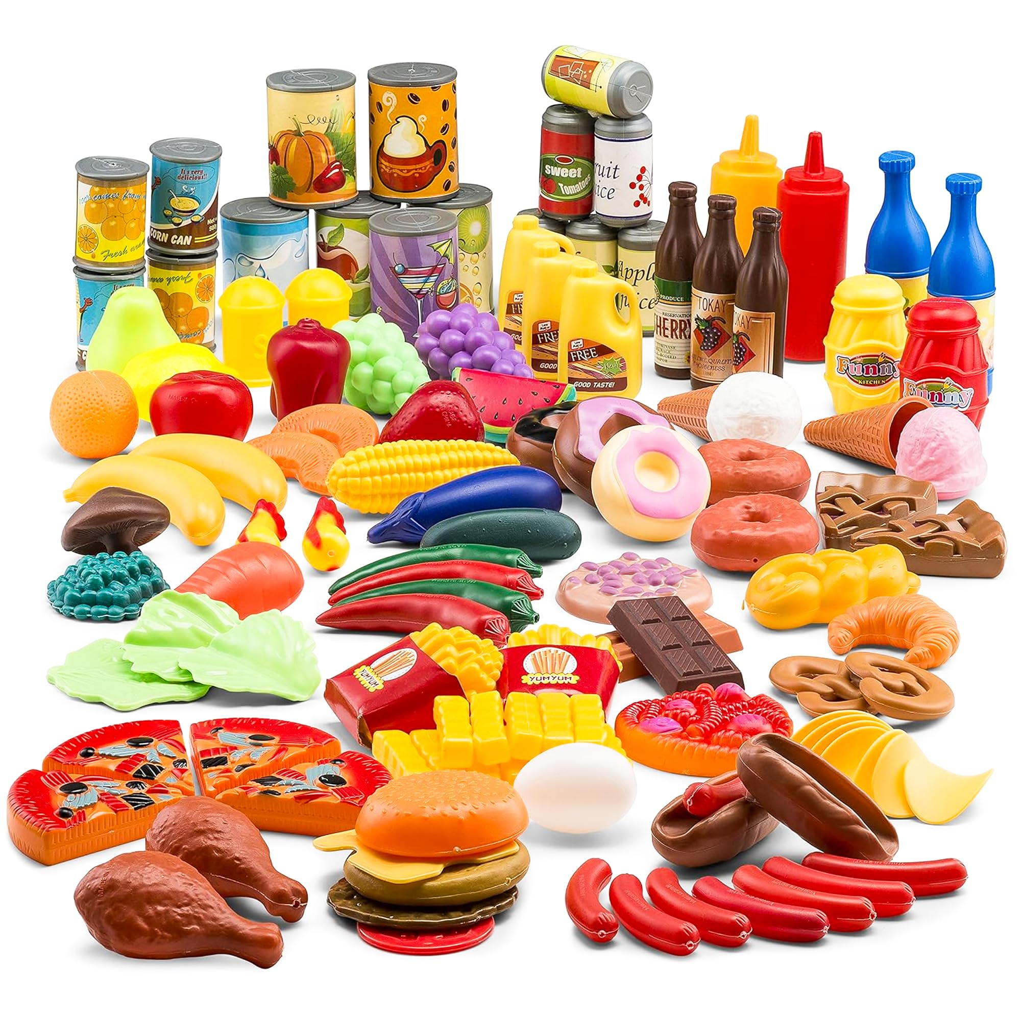 Jaxojoy 122-Piece Pretend Play Food Set for Kids - Realistic Toy Kitchen Accessories with Fruits, Vegetables & More - Perfect for Imaginative Play, Toddler Learning & Role-Playing Games - Great Gift for Birthday & Christmas (Ideal for Home, Preschool & Playdates)