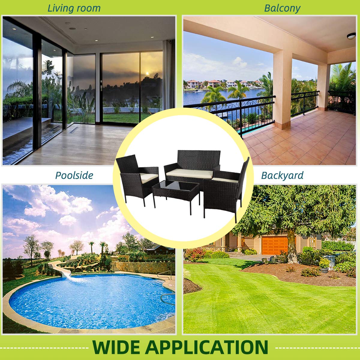 On Shine 4-Piece Patio Furniture Set - Outdoor/Indoor Conversation Set with Cushions (New Black) - Perfect for Backyard, Garden, Poolside & Balcony Relaxation
