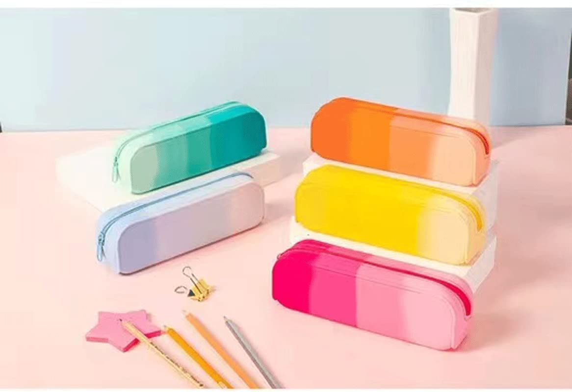 Waterproof Silicone Pencil Case with Zipper - Gradient Blue Pouch Bag for School, Office & Travel | Multi-Functional Organizer for Pencils, Makeup & Stationery | Durable & Portable for Students & Adults