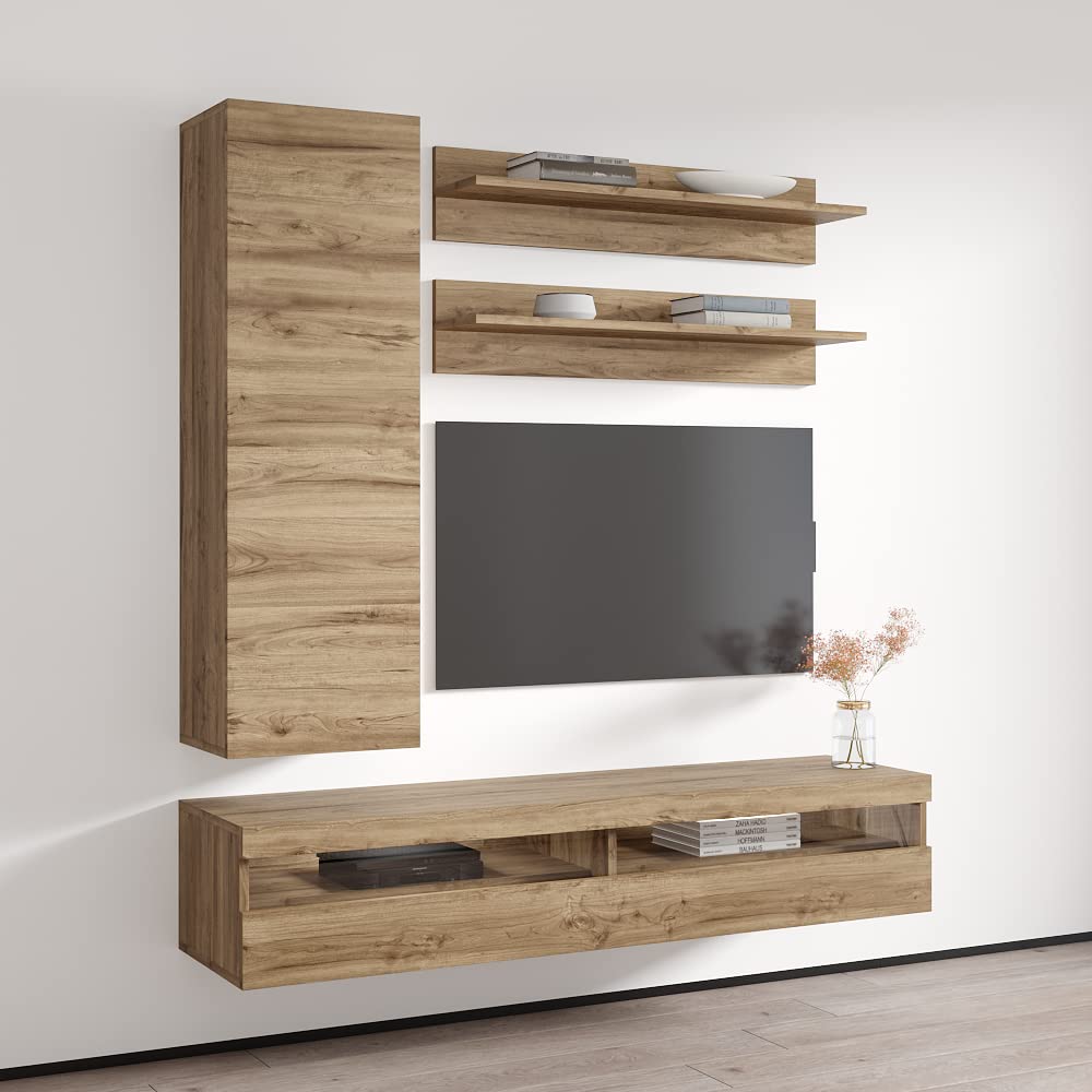 Modern Oak Wall-Mounted TV Stand with Storage Shelves & LED Lights - Floating Entertainment Center Console for Living Room & Bedroom - Perfect for Small Spaces & Home Theater Setup - Meble H1 35