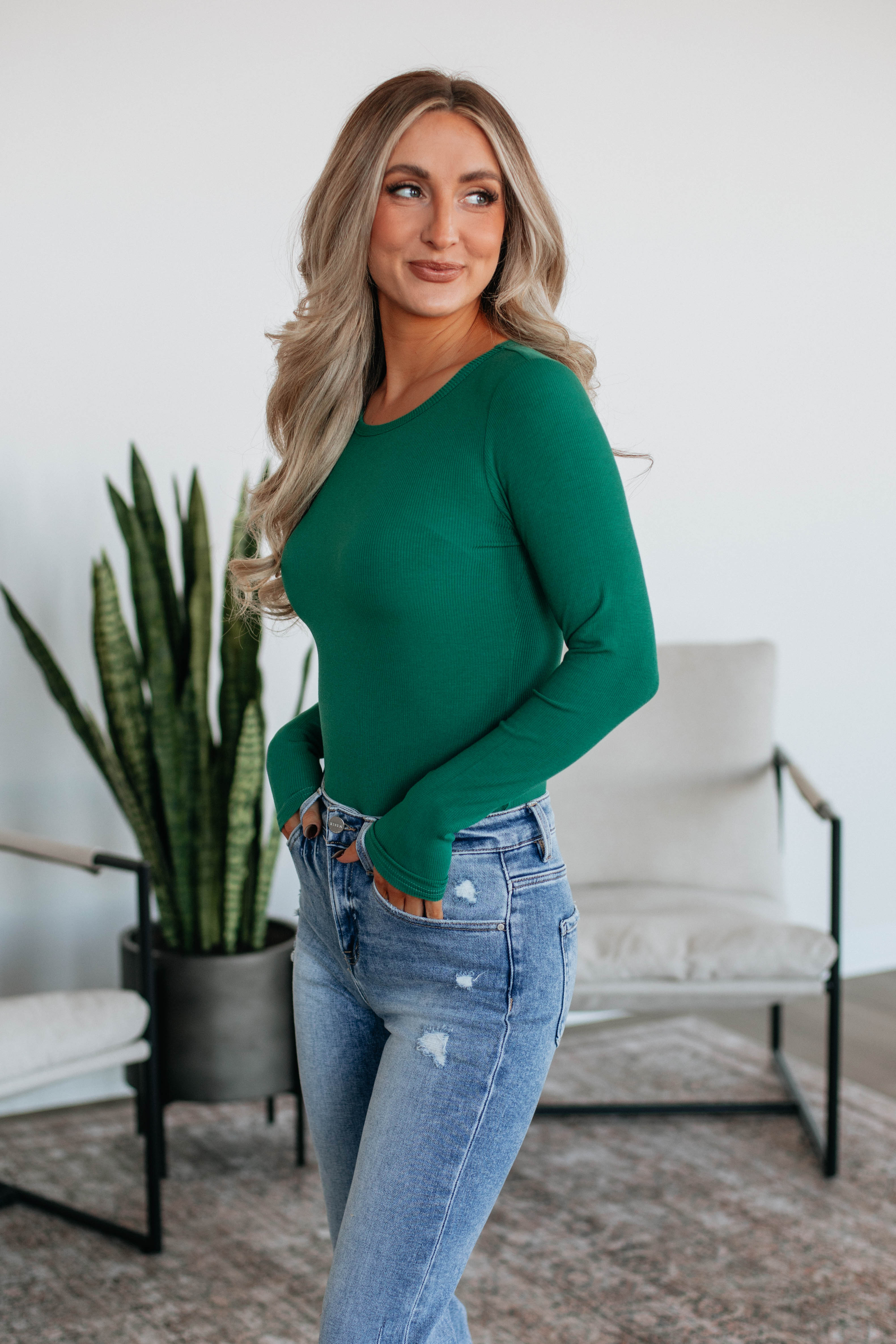 Isla Ribbed Bodysuit for Women - Pine Green Stretchy T-Shirt Bodysuit - Perfect for Layering, Casual Outfits & Everyday Wear