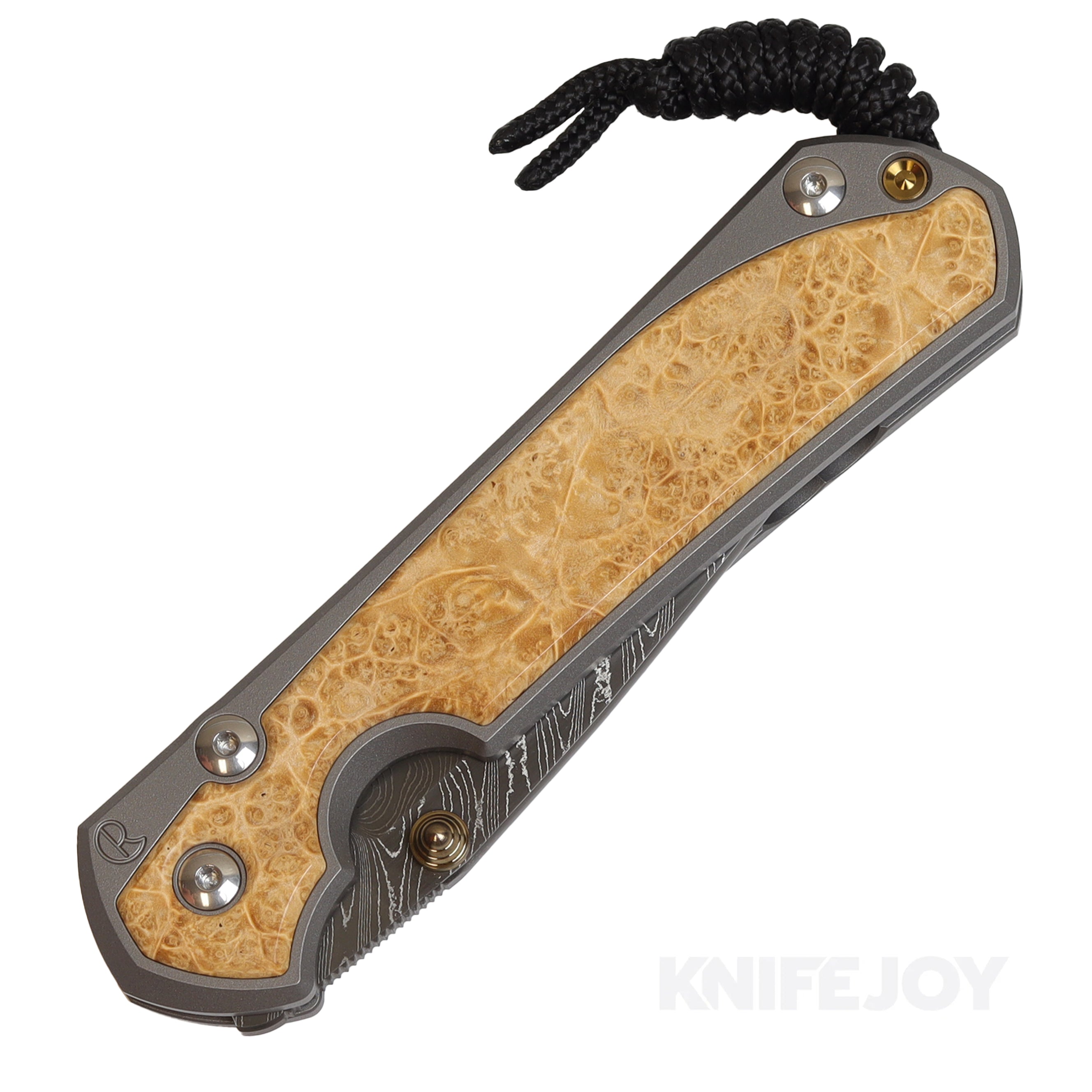 Chris Reeve Knives Large Sebenza 31 - Damascus Steel Boomerang Drop Point Blade with Gold Lug & Box Elder Wood Inlay - Premium EDC Folding Knife for Outdoor, Camping & Survival