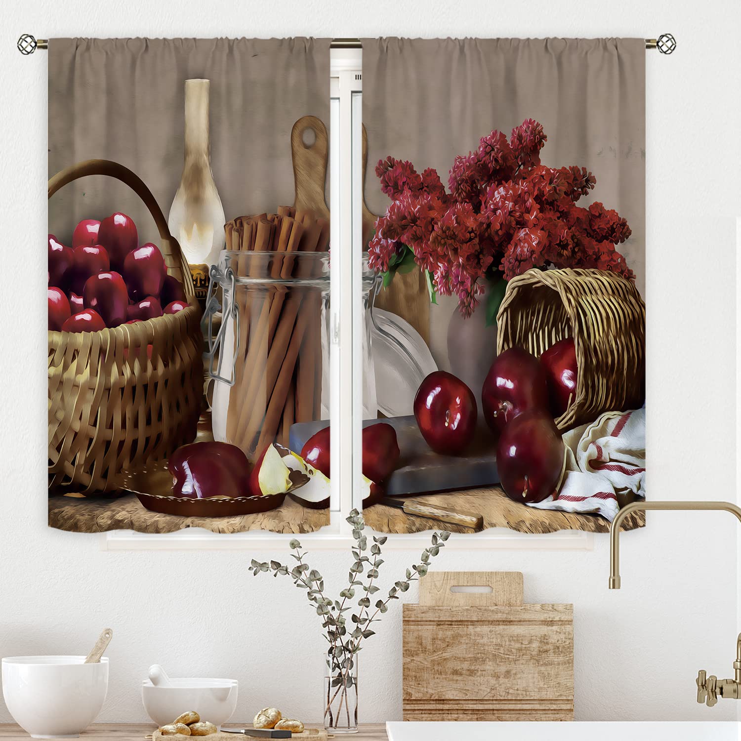 Farmhouse Red Kitchen Curtains 27.5x39 Inch - Vintage Apple Fruit & Burgundy Floral Cafe Curtains with Rod Pocket, Rustic Country Decor for Small Windows (Set of 2 Panels) - Perfect for Farmhouse, Cottage, or Country Style Kitchens