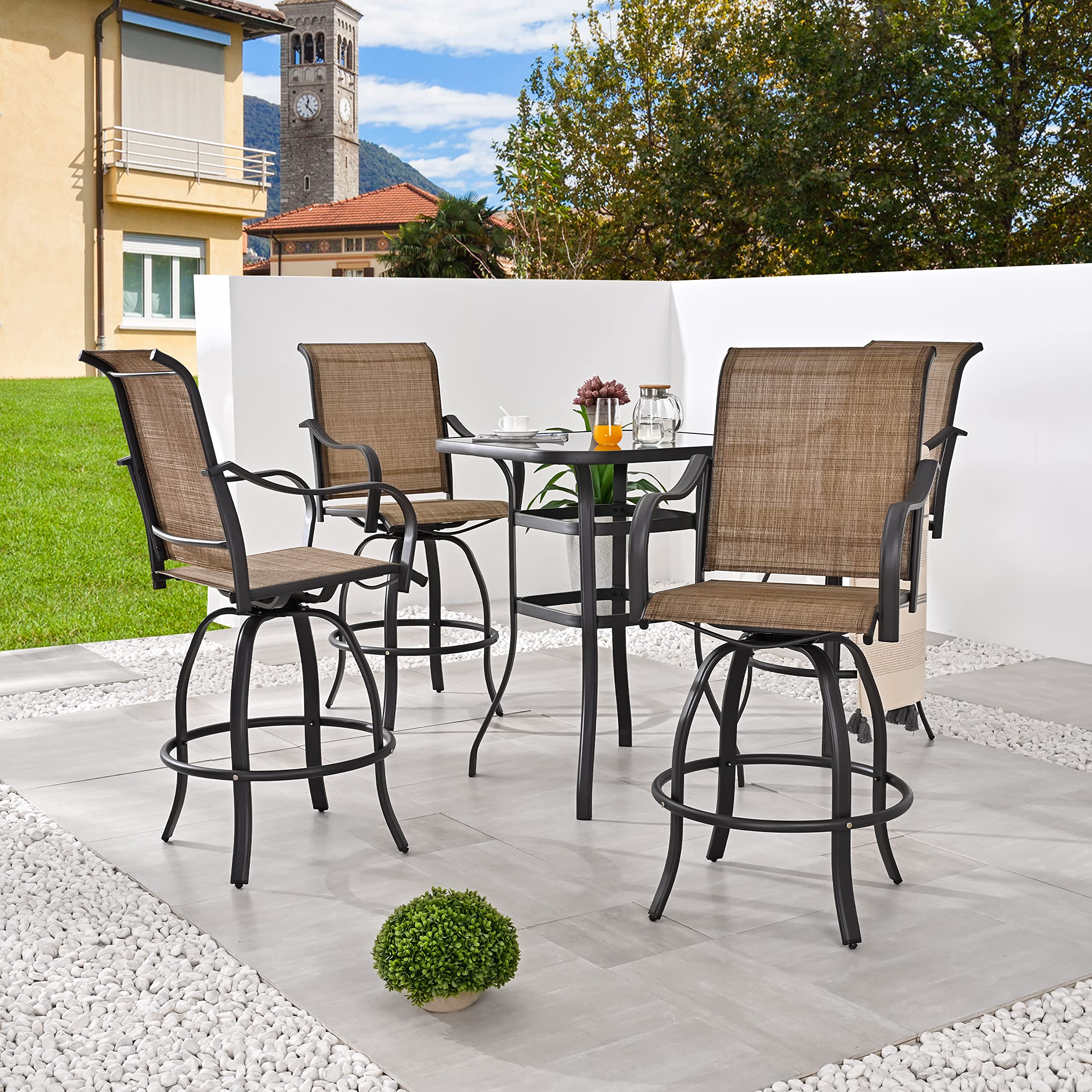LOKATSE HOME 5-Piece Outdoor Patio Dining Set with Swivel Chairs & Tempered Glass Square Table - Modern Bistro Furniture for Poolside, Garden, Cafe, Porch, and Backyard (Khaki)