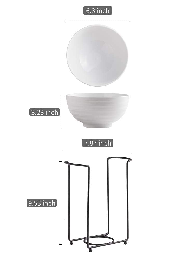 LAUCHUH 28oz Porcelain Bowl Set - 6-Pack Stackable Soup, Cereal & Salad Bowls with Serving Stand & Organizer - Perfect for Dining, Entertaining & Meal Prep