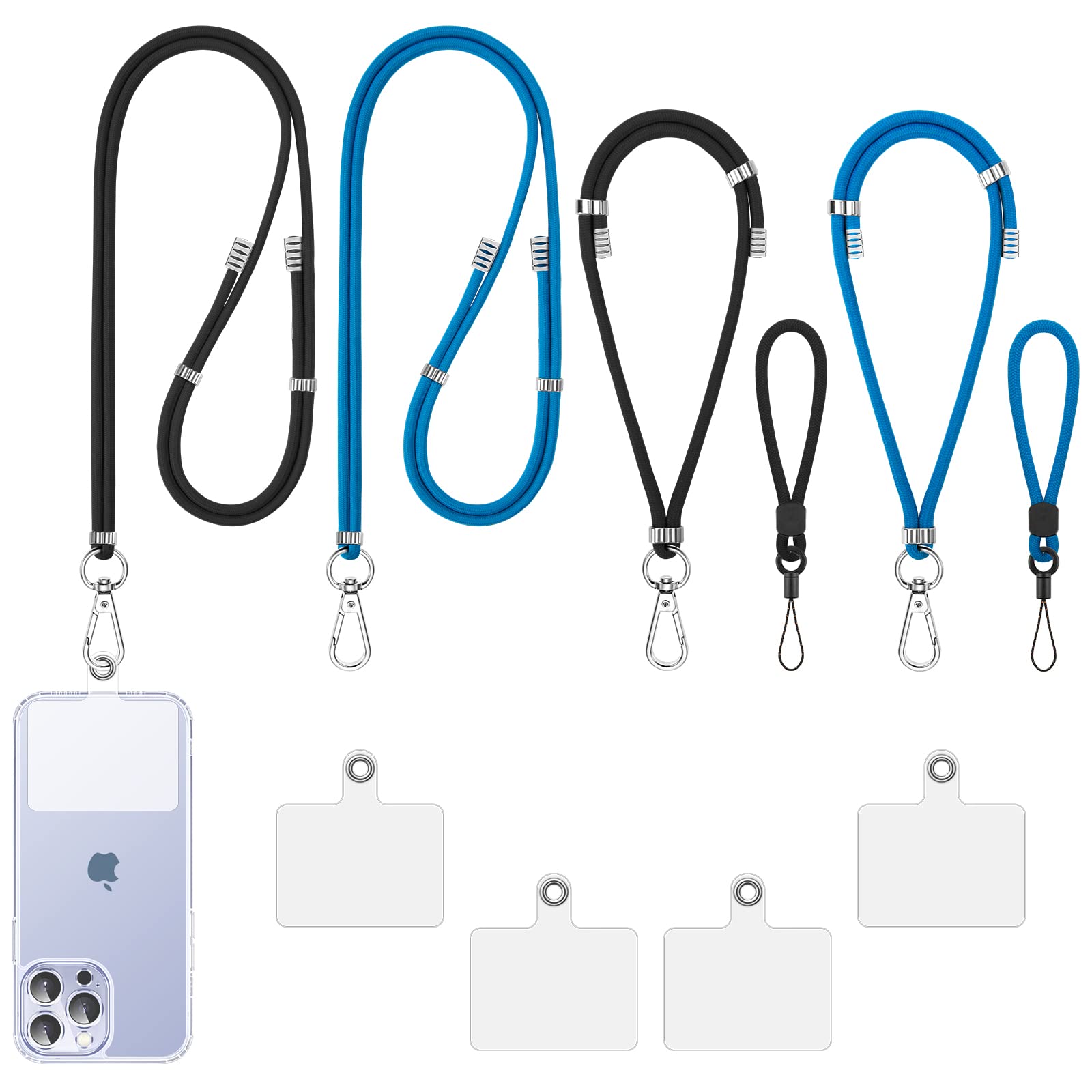 Universal Phone Lanyard Set - 2 Crossbody Straps, 2 Adjustable Wrist Straps & 2 Finger Loops with 4 Adhesive Patches - Compatible with iPhone Samsung Most Smartphones (Black & Blue) - Perfect for Running, Travel, Shopping & Hands-Free Convenience