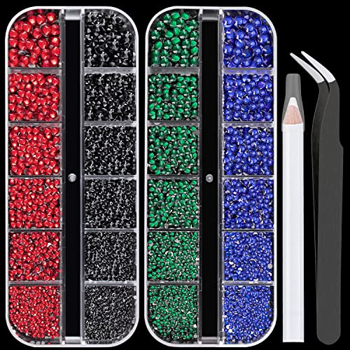 Premium Flat Back Round Glass Nail Art Rhinestones Set - 10 Colors (Crystal Red, Black, Royal Blue, Dark Green) with Picker Pencil & Tweezer | Professional & DIY Manicure Decorations for Nail Salons, Home Use, Parties & Special Occasions