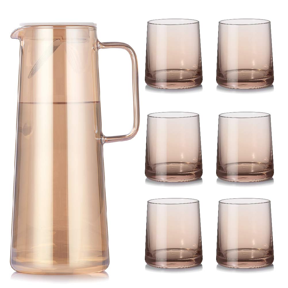NORTHOME 49oz Glass Water Pitcher Set with 6 Glasses - High Borosilicate Heat Resistant Carafe with Stainless Steel Lid - Perfect for Iced Tea, Lemon Water & Entertaining