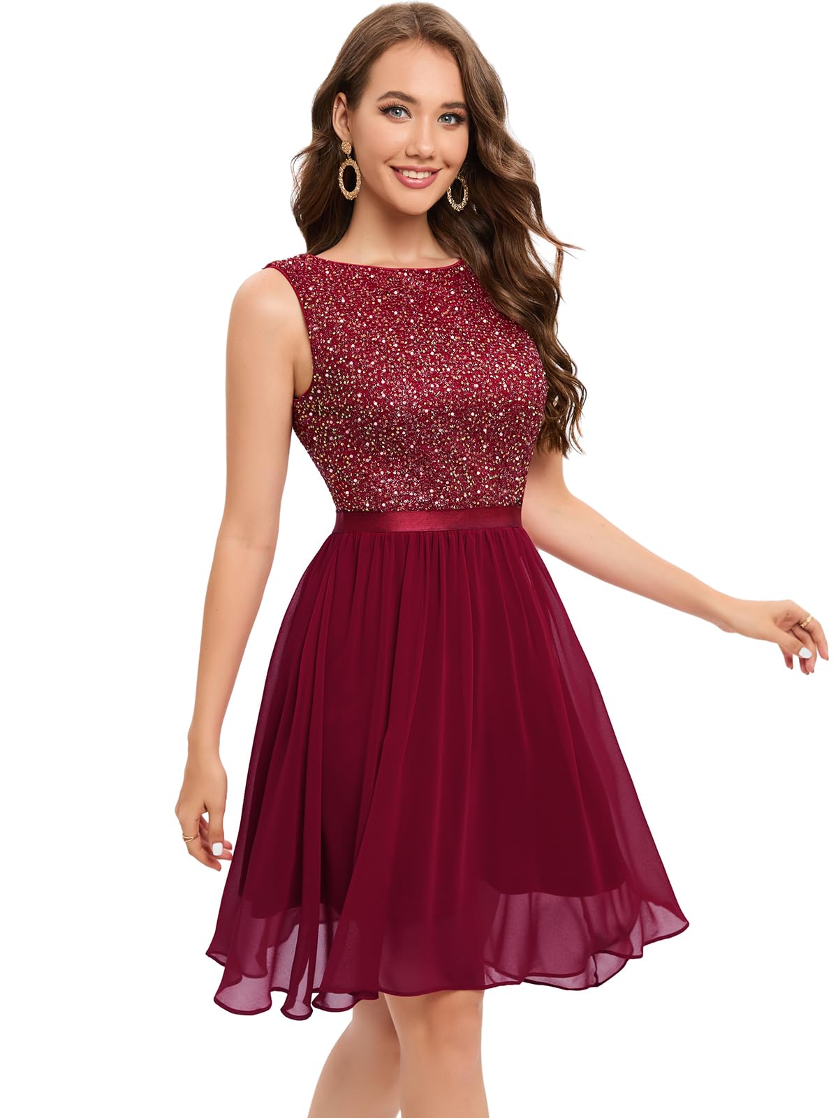 Bbonlinedress Sparkly Glitter Summer Wedding Guest Dress - Flowy Elegant Swing Semi Formal Cocktail Prom Party Dress in Burgundy - Perfect for Evening Events, Bridal Showers & Special Occasions