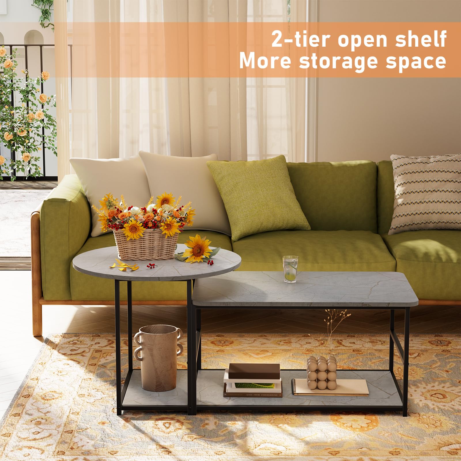 Modern WOHOMO Coffee Table with Storage - 2-in-1 Detachable Marble Top Living Room Center Table (Grey) - Perfect for Small Spaces, Apartments & Contemporary Home Decor