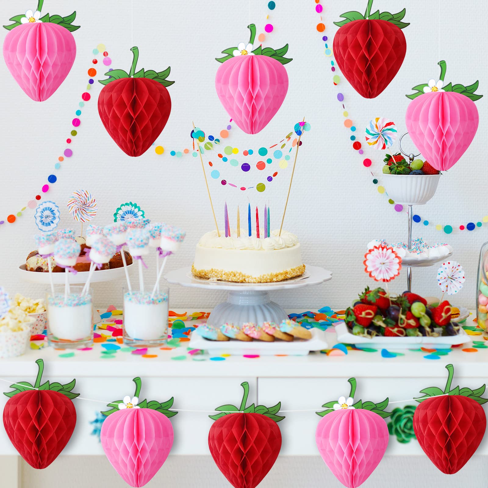 Epakh 14-Piece 6-Inch Strawberry Honeycomb Paper Decorations Set - Red & Pink Tissue Paper Strawberry Balls for Birthday Party, Baby Shower, Shortcake Themed Events - Perfect for Girls' Parties, Dessert Tables & Sweet 16 Decorations