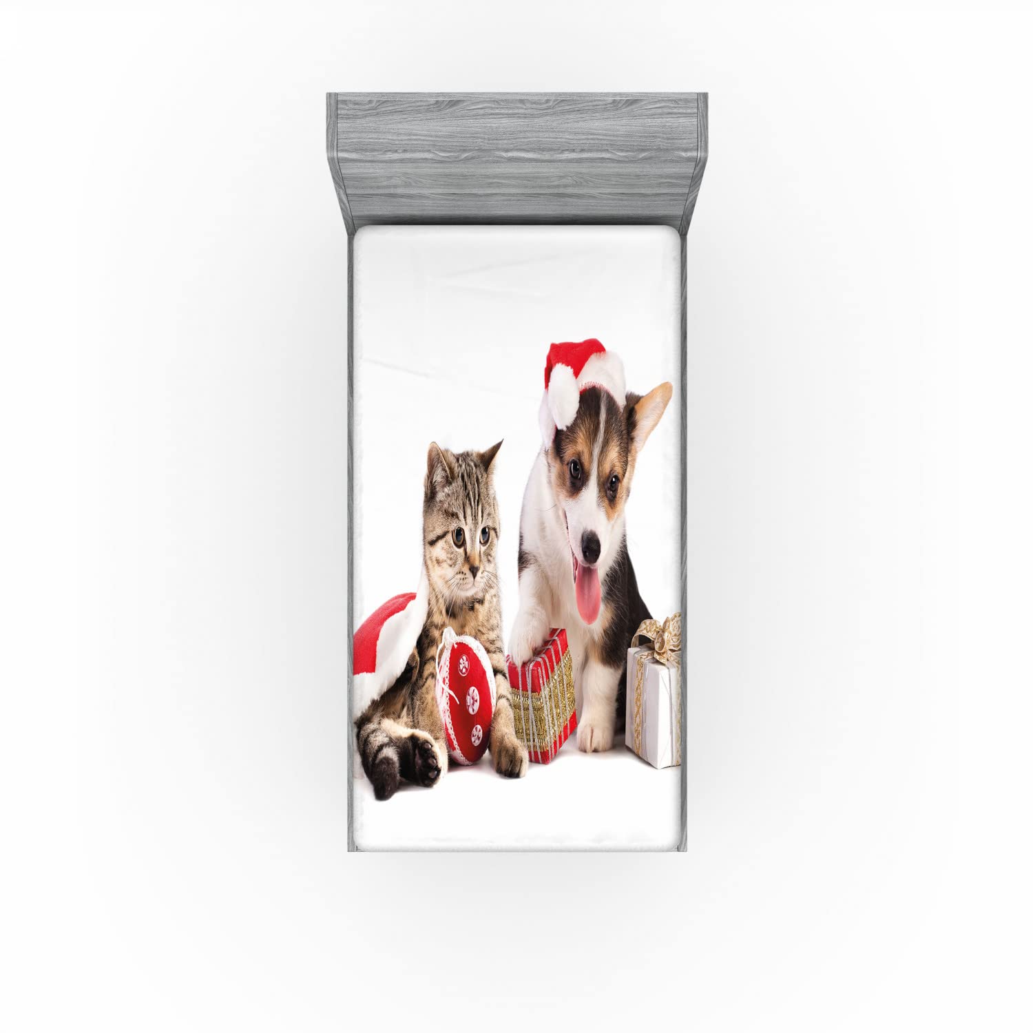 Ambesonne Christmas 2-Pack Fitted Sheets - Dog Cat Holiday Design for Twin Beds