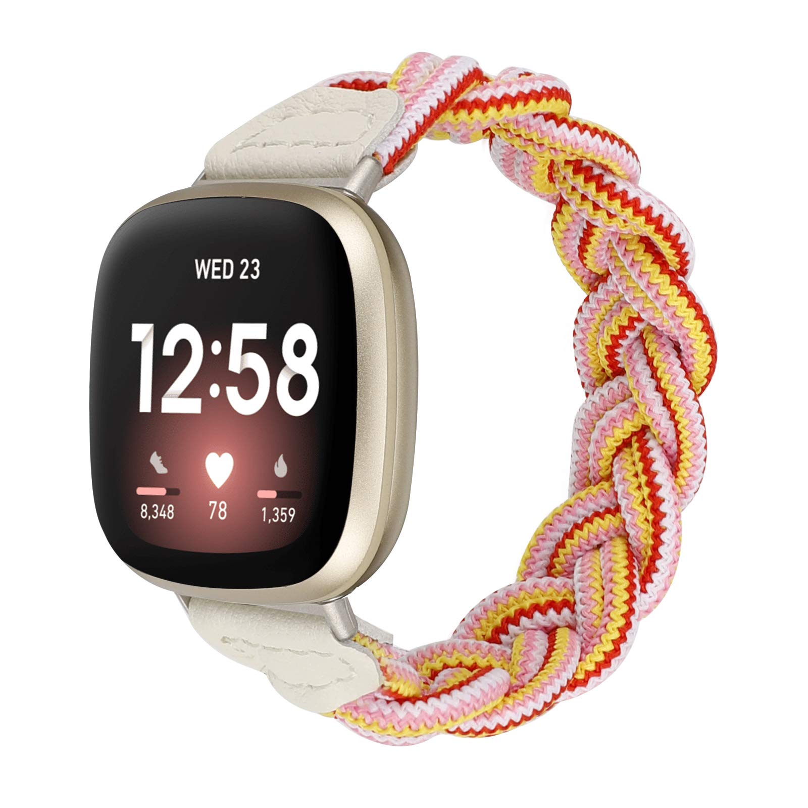 Wearlizer Elastic Braided Solo Loop Strap - Compatible with Fitbit Sense/Sense 2/Versa 3/Versa 4 - Slim Stretchy Woven Wristband for Women (Pink & Yellow) - Perfect for Workouts, Running & Everyday Wear