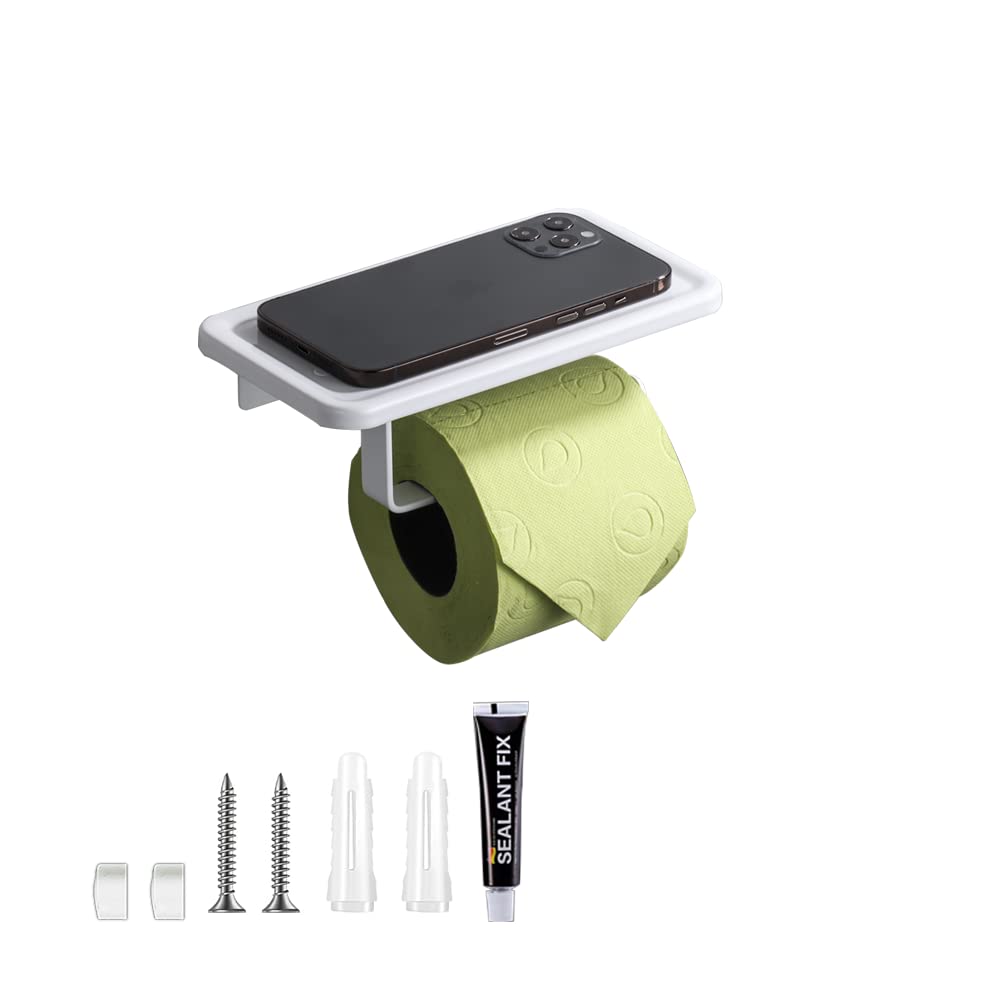 Black Toilet Paper Holder with Shelf - Wall Mounted Aluminum Alloy Bathroom Tissue Roll Holder - Self Adhesive or Screw Installation - Modern Bathroom Accessories for Home, Apartment & RV Use