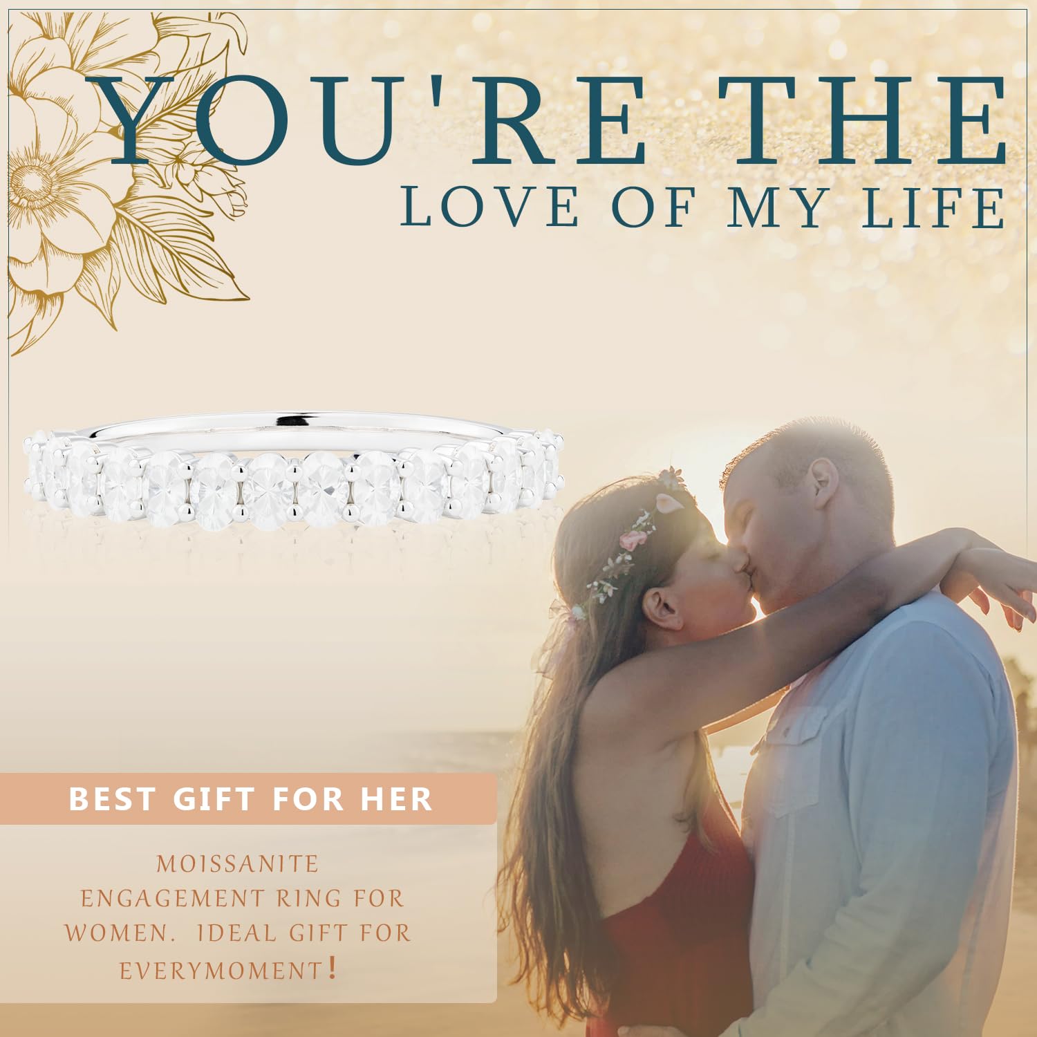 Moissanite Wedding Band for Women - 925 Sterling Silver Half Eternity Engagement Ring | Stackable Promise Ring | Size 3-10 | Perfect for Bridal Sets, Anniversary Gifts & Everyday Elegance