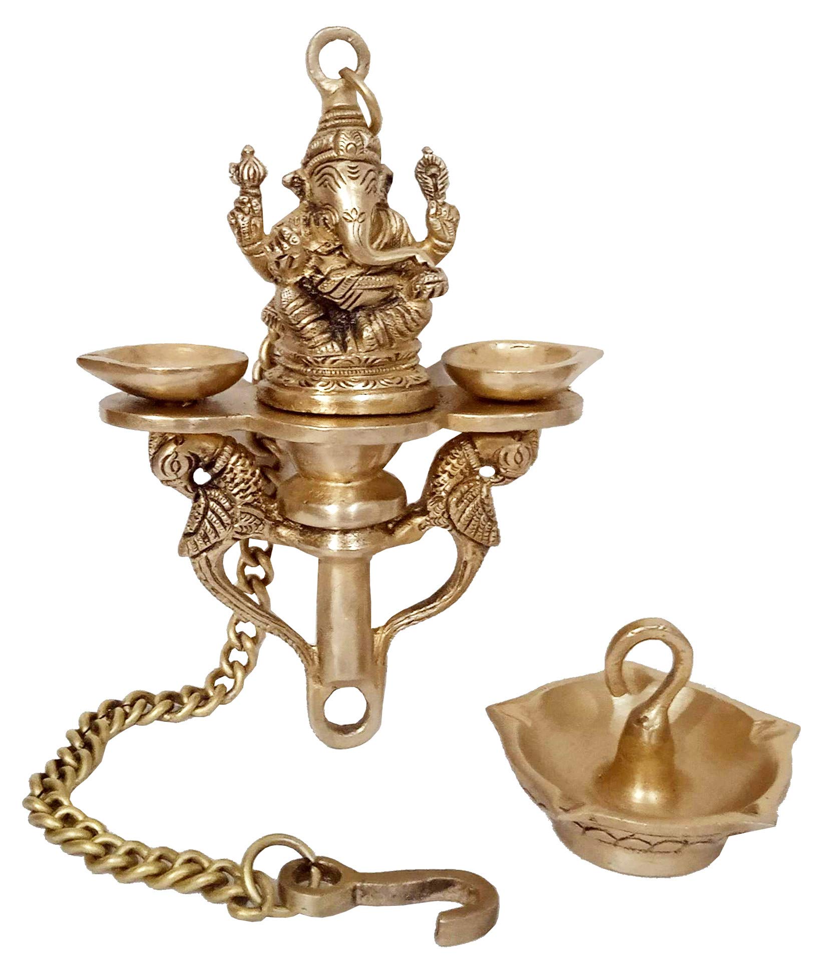 Purpledip Brass Ganesha Nila Vilakku 7-Wick Hanging Diya Oil Lamp - Peacock Design Traditional Deepak for Hindu Pooja (12253) | Perfect for Home Temple Decor, Wedding Ceremonies & Festival Decorations