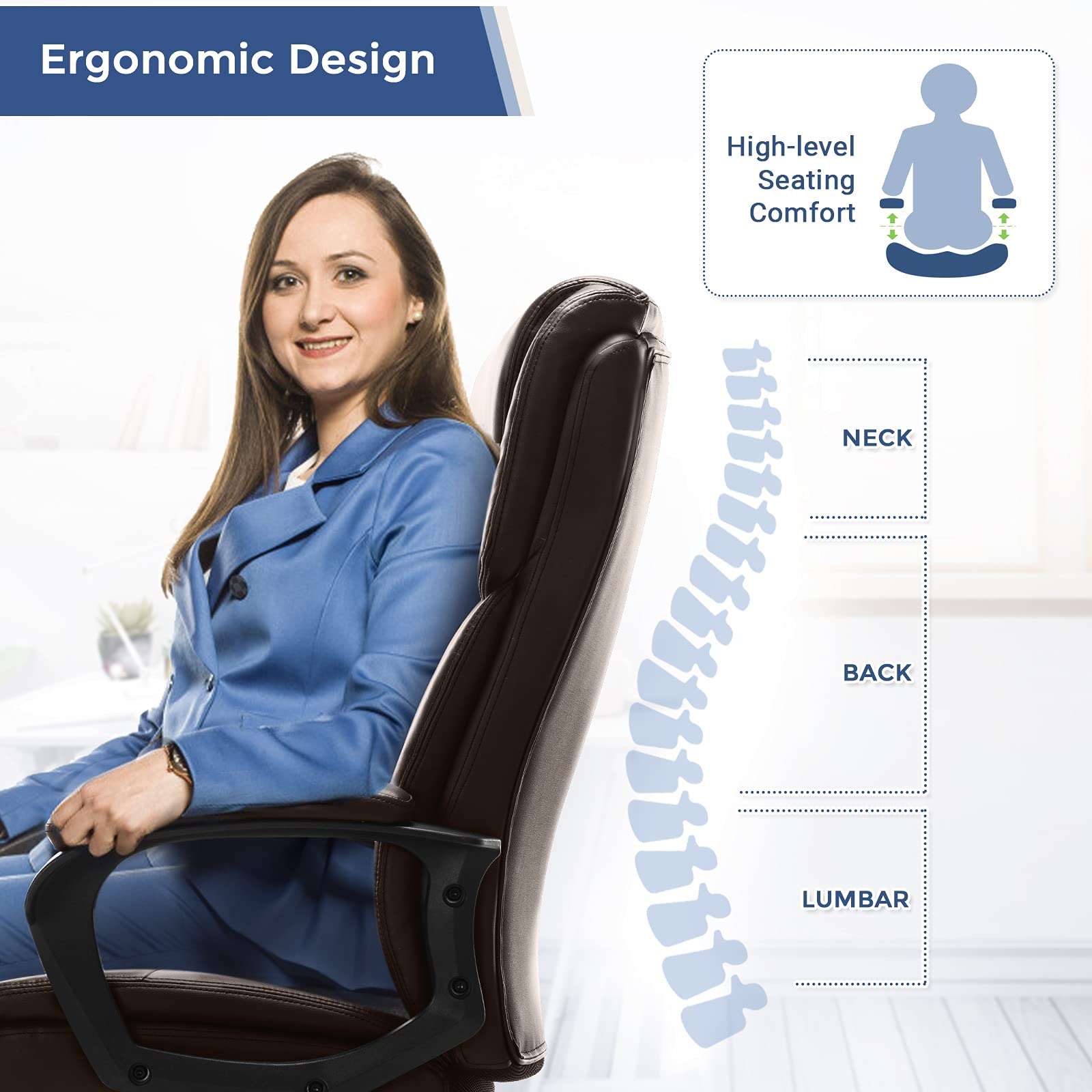 Ergonomic High Back Executive Office Chair - Adjustable PU Leather Managerial Swivel Task Chair with Lumbar Support for Home & Office Use, Brown - Perfect for Long Work Hours, Video Conferencing and Computer Workstations