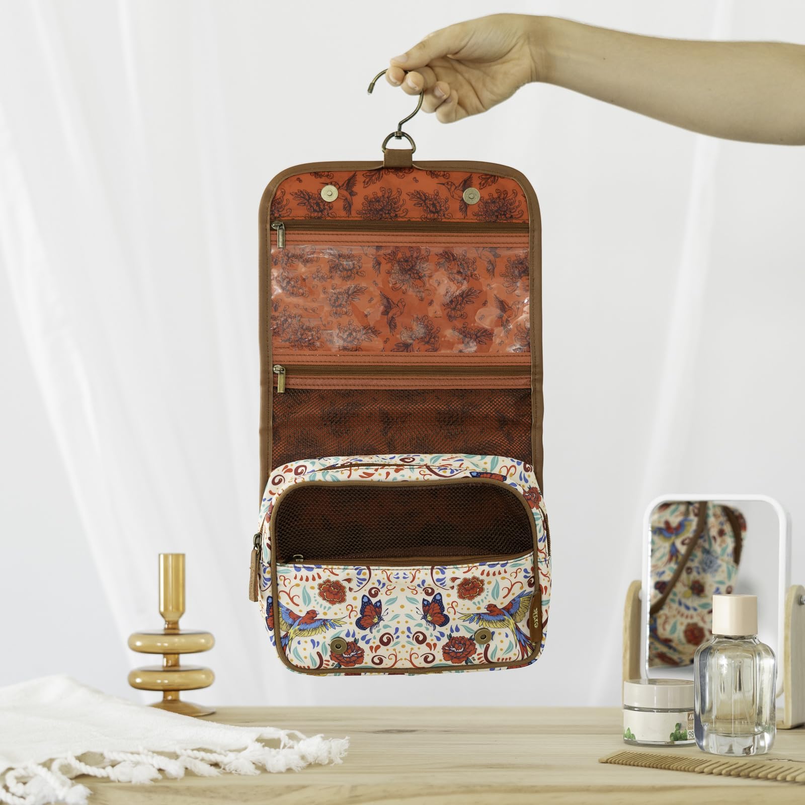 Erik Frida Kahlo Waterproof Hanging Toiletry Bag with Swivel Hook | Floral Design Travel Cosmetic Organizer for Women | Perfect for Bathroom, Gym, Camping & Vacation Trips