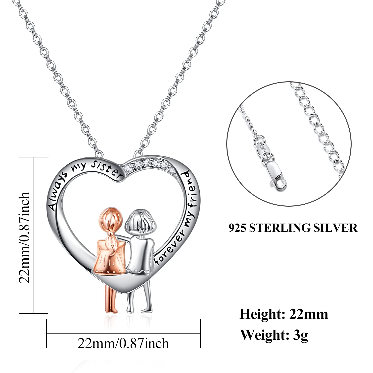 Sterling Silver Sister Necklace 'Always My Sister Forever My Friend' - Heart Shaped Friendship Jewelry for Women & Girls - Perfect Birthday Gift for Best Friends, Sister Gifts, and Special Occasions