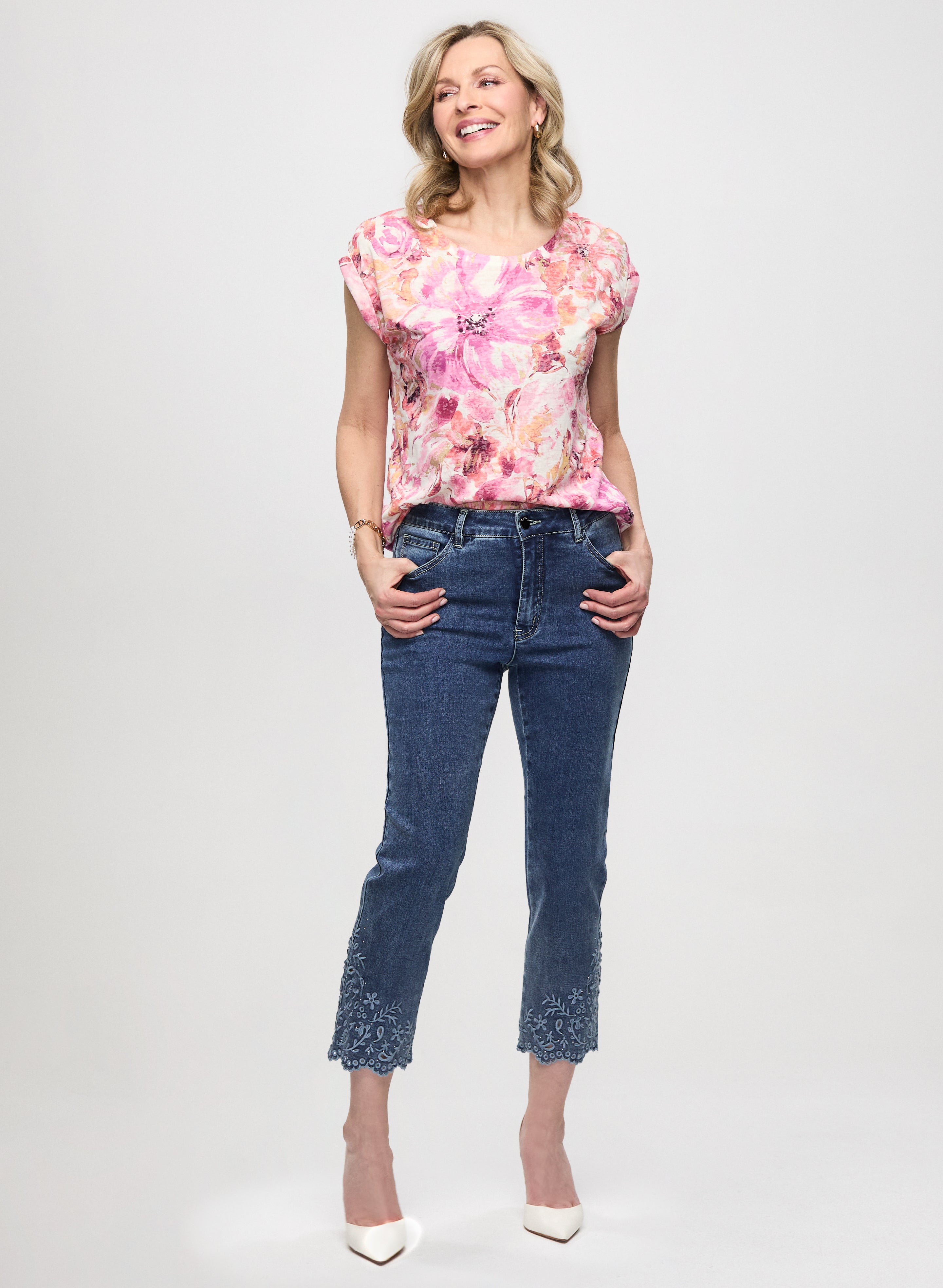 Floral Print Burnout T-Shirt & Embroidered Straight Leg Jeans Set - Women's Casual Outfit for Spring Summer Fashion | Perfect for Date Nights, Shopping & Weekend Brunch