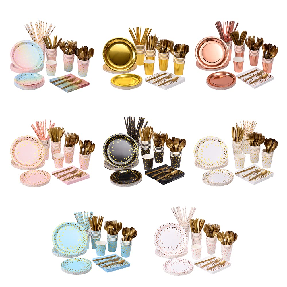 201-Piece Rose Gold Party Supplies Set - Rose Gold Dot on White Plates, Napkins, Cups & Silverware for 25 Guests | Perfect for Weddings, Bridal Showers, Engagements & Birthday Parties | Elegant Rose Gold Dot Theme for Stylish Celebrations