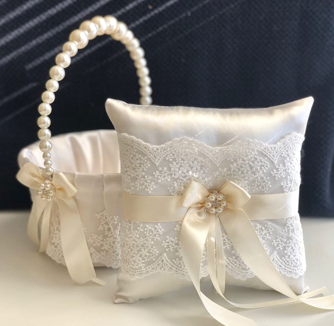 Elegant Ivory Flower Girl Basket with Pearl Handle - Perfect for Weddings, Proposals & Special Events - Durable Card Box Gift for Flower Girls (Off-White)