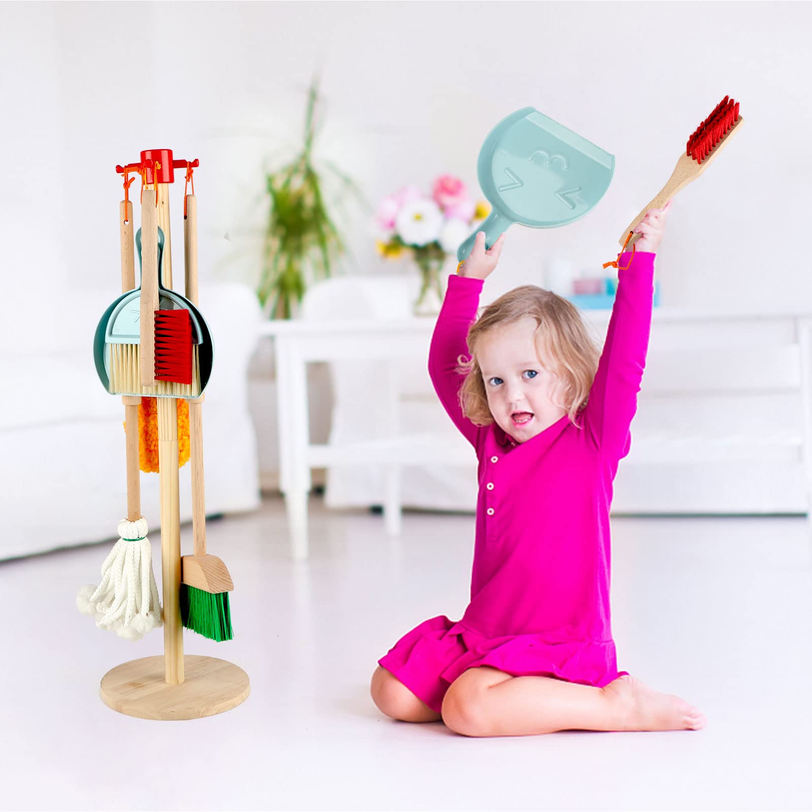 Qilay 7-Piece Kids Cleaning Set - Wooden Broom, Dustpan & Brush for Toddler Pretend Play & Housekeeping