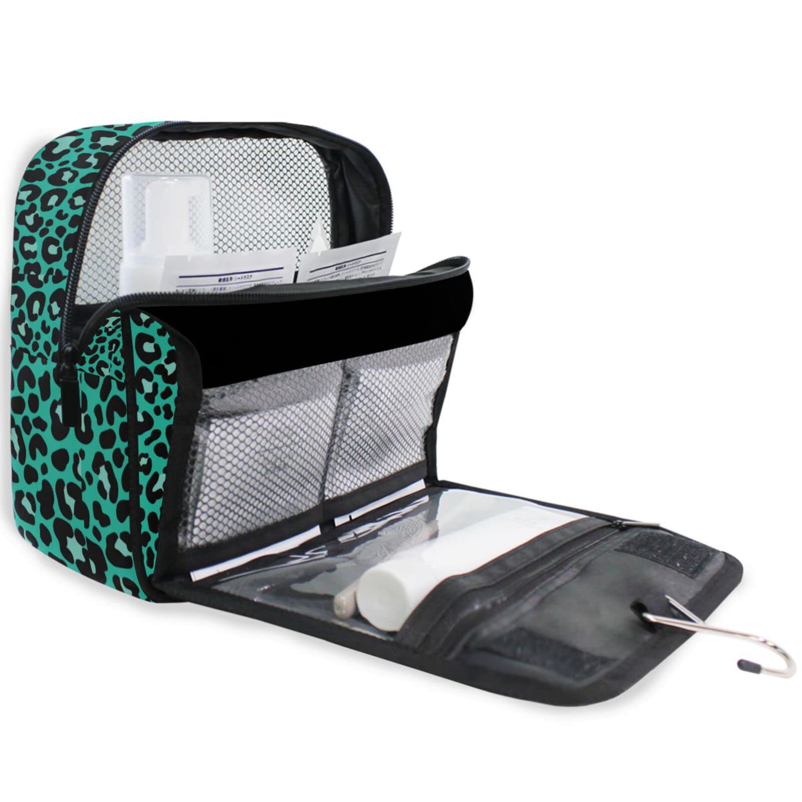 Moyyo Green Leopard Print Hanging Travel Toiletry Bag - Waterproof Cosmetic Makeup Organizer for Women & Men - Portable Wash Bag for Gym, Camping, Business Trips & Vacation Essentials