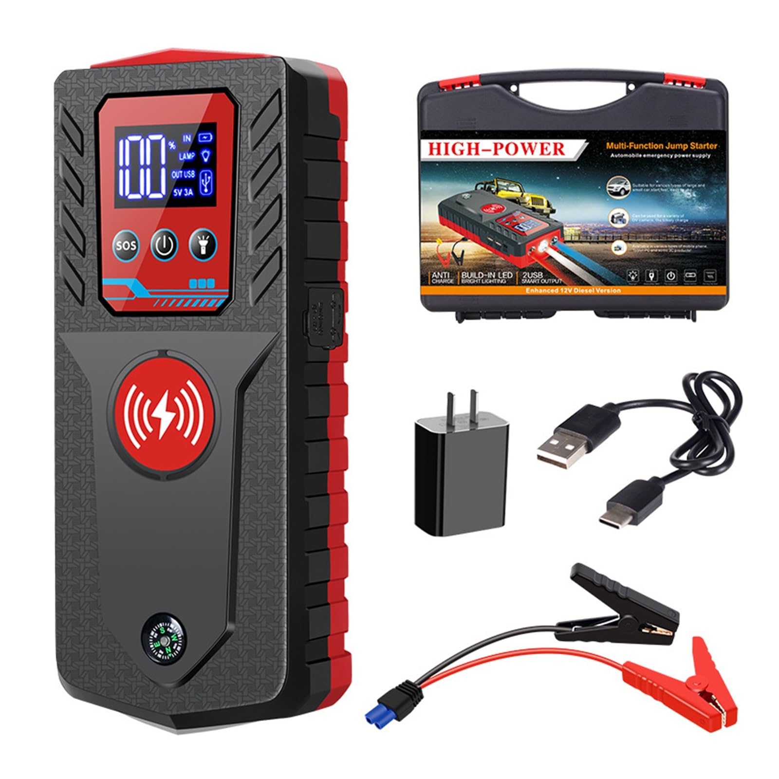 Portable Car Jump Starter with Wireless Power Bank - 99800mAh Emergency Battery Booster, Phone Charger & Compass - Perfect for Roadside Emergencies and Outdoor Adventures