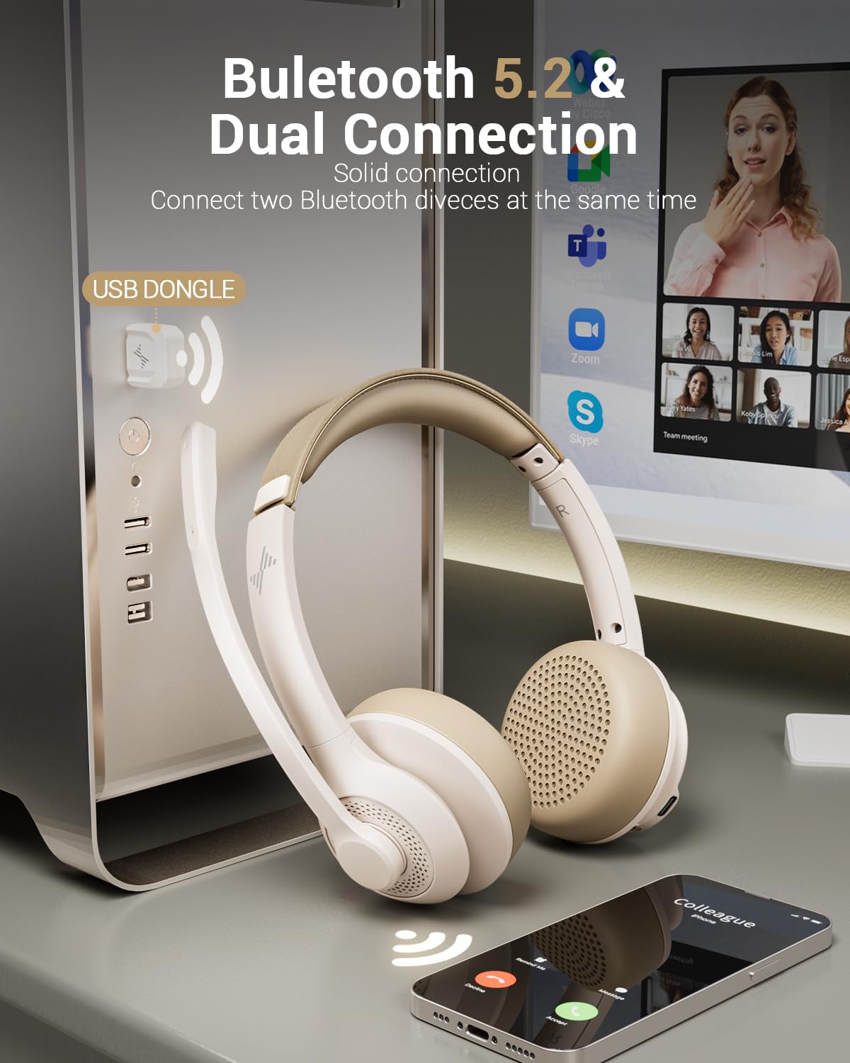 AI Noise Cancelling Wireless Bluetooth Headset V5.2 with USB Dongle & Charging Base - Mic Mute Function for Computer, Laptop, PC, iPhone, Android (White) - Perfect for Home Office, Online Meetings & Gaming