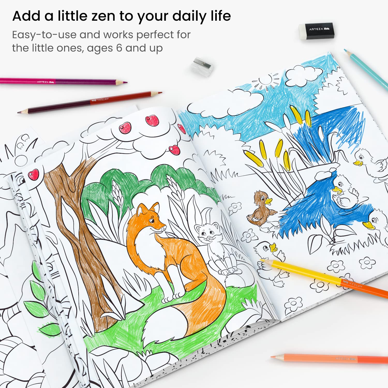 ARTEZA Kids Coloring Book with Colored Pencils - Animal Kingdom, 50 Sheets for Creative Fun