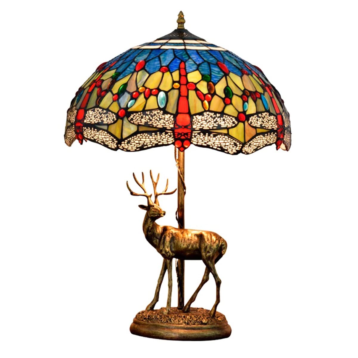 Tiffany Style Dragonfly Table Lamp - Handcrafted Stained Glass Shade with Elk Resin Base - Elegant Living Room Decor, Mediterranean Dining Table Lighting, Cozy Reading Desk Lamp for Home & Office Use