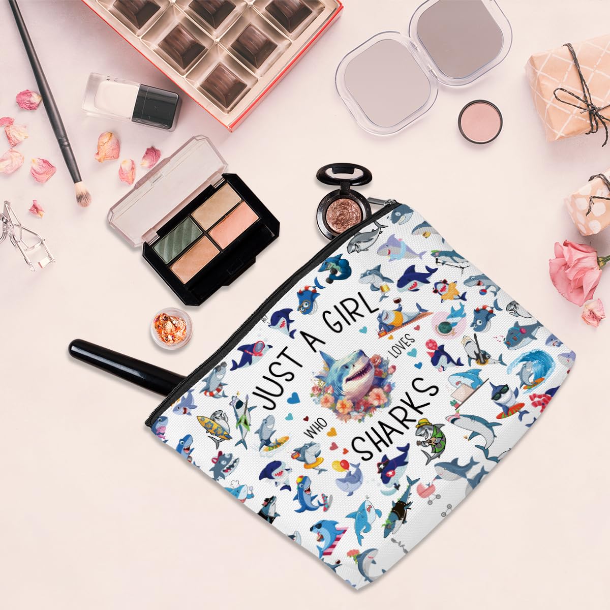 **Shark-Themed Cosmetic Bag - Funny Shark Gifts for Women, Teens, Sisters & Shark Lovers - Perfect for Nurses, Graduation, Christmas, Birthday & Friendship Gifts - Great for Travel, Makeup Storage & Daily Use**