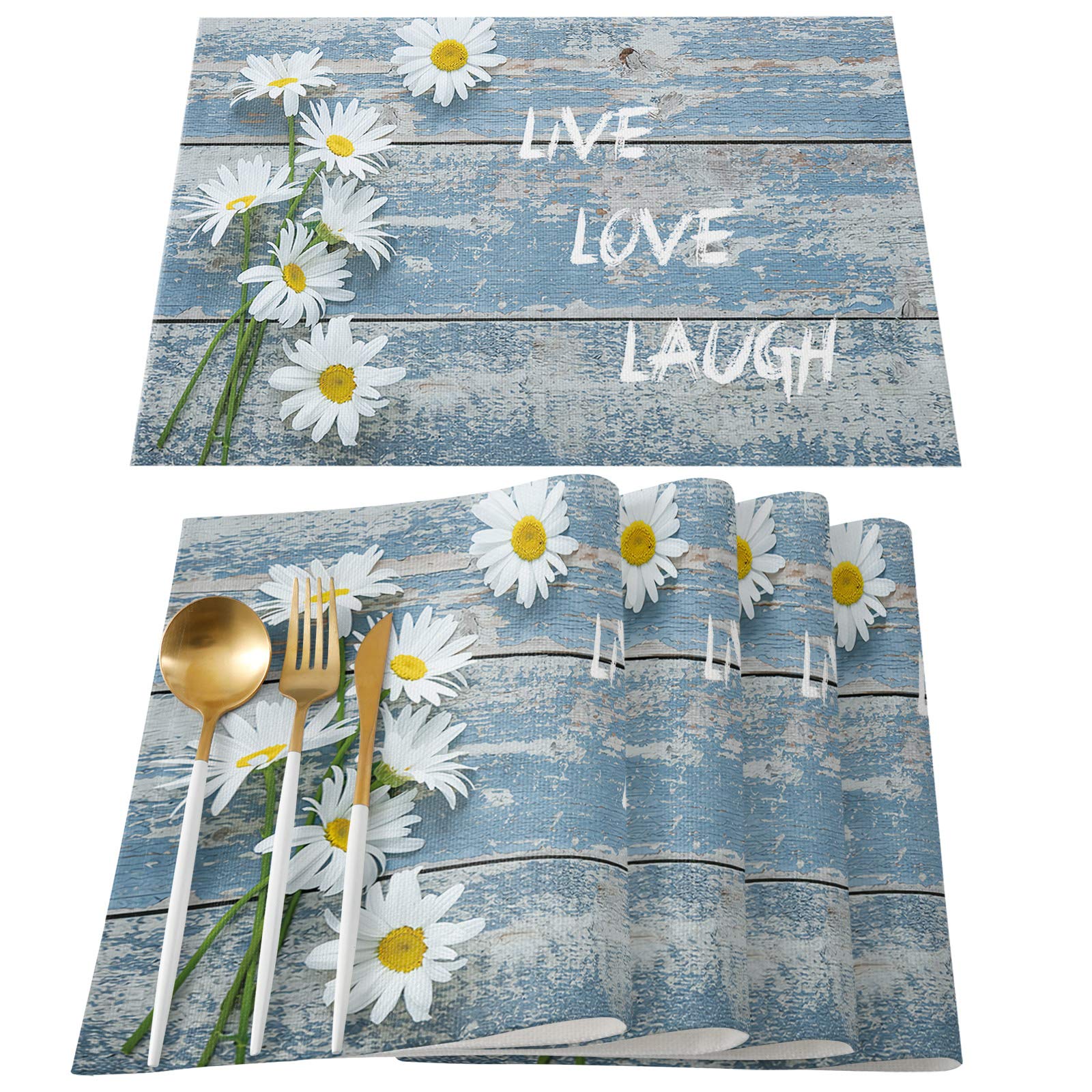 Premium White Daisies Placemats Set of 4 - 100% Cotton Linen Heat-Resistant Table Mats for Dining, Kitchen & Holiday Decor - Washable Rustic Farmhouse Style with Wooden Texture - Perfect for Thanksgiving, Christmas Dinner & Everyday Use