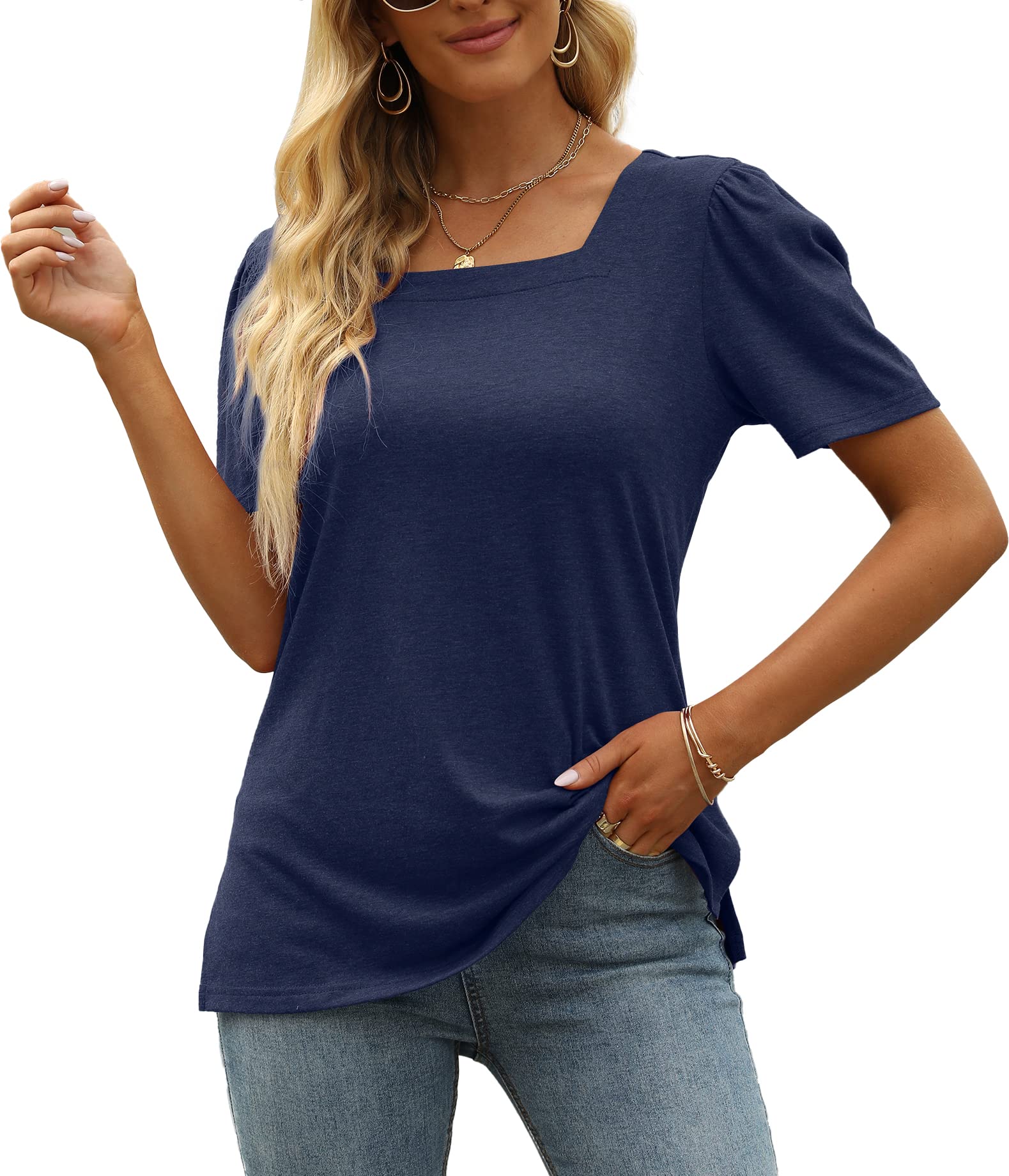 JomeDesign Women's Casual Short Sleeve Square Neck Blouse - Puff Sleeve Loose T-Shirt for Summer | Perfect for Beach Outings, Date Nights & Weekend Wear