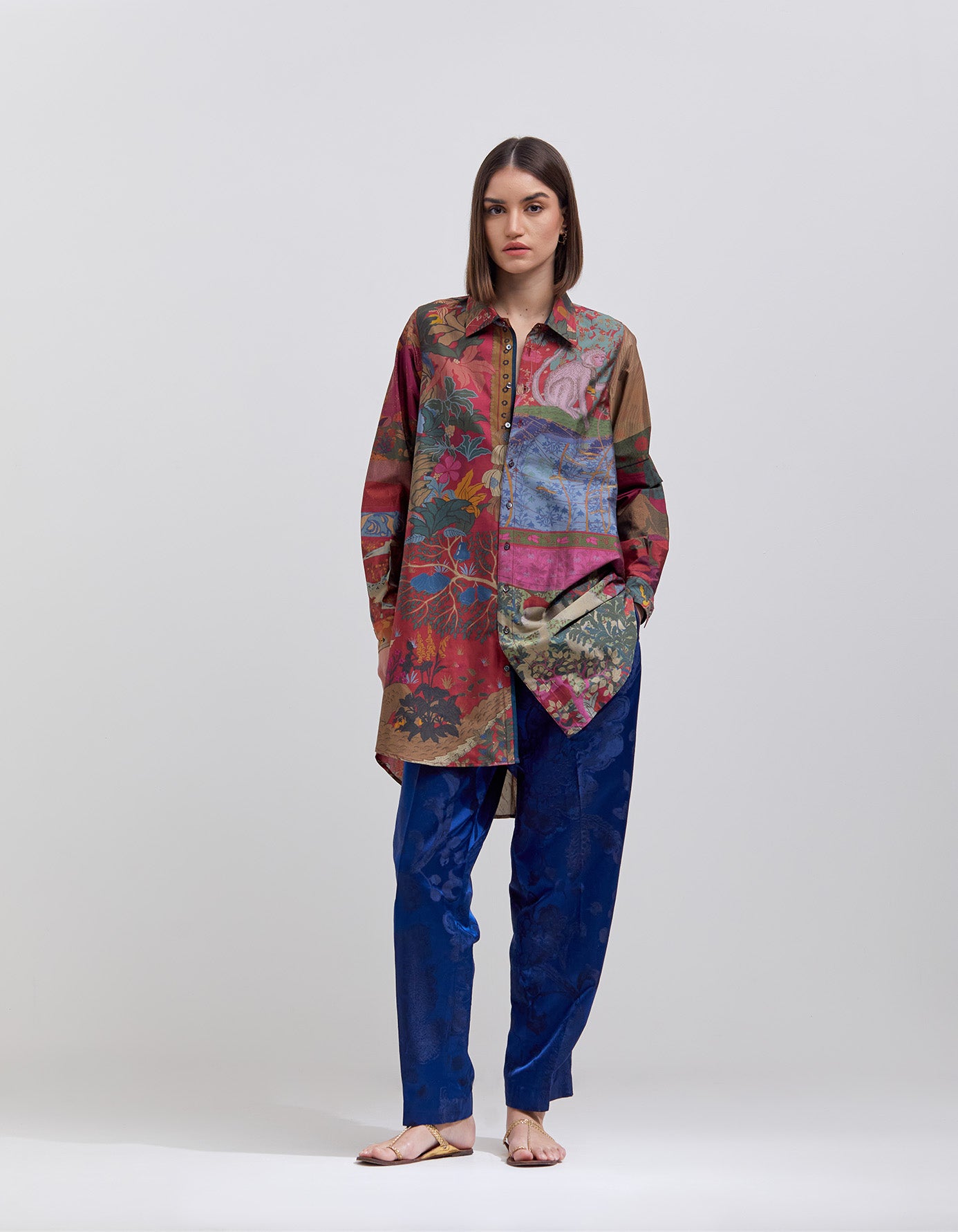 Elegant Silk Damask Bottom Pleat Trousers in Ink Blue - Perfect for Office Wear & Formal Occasions
