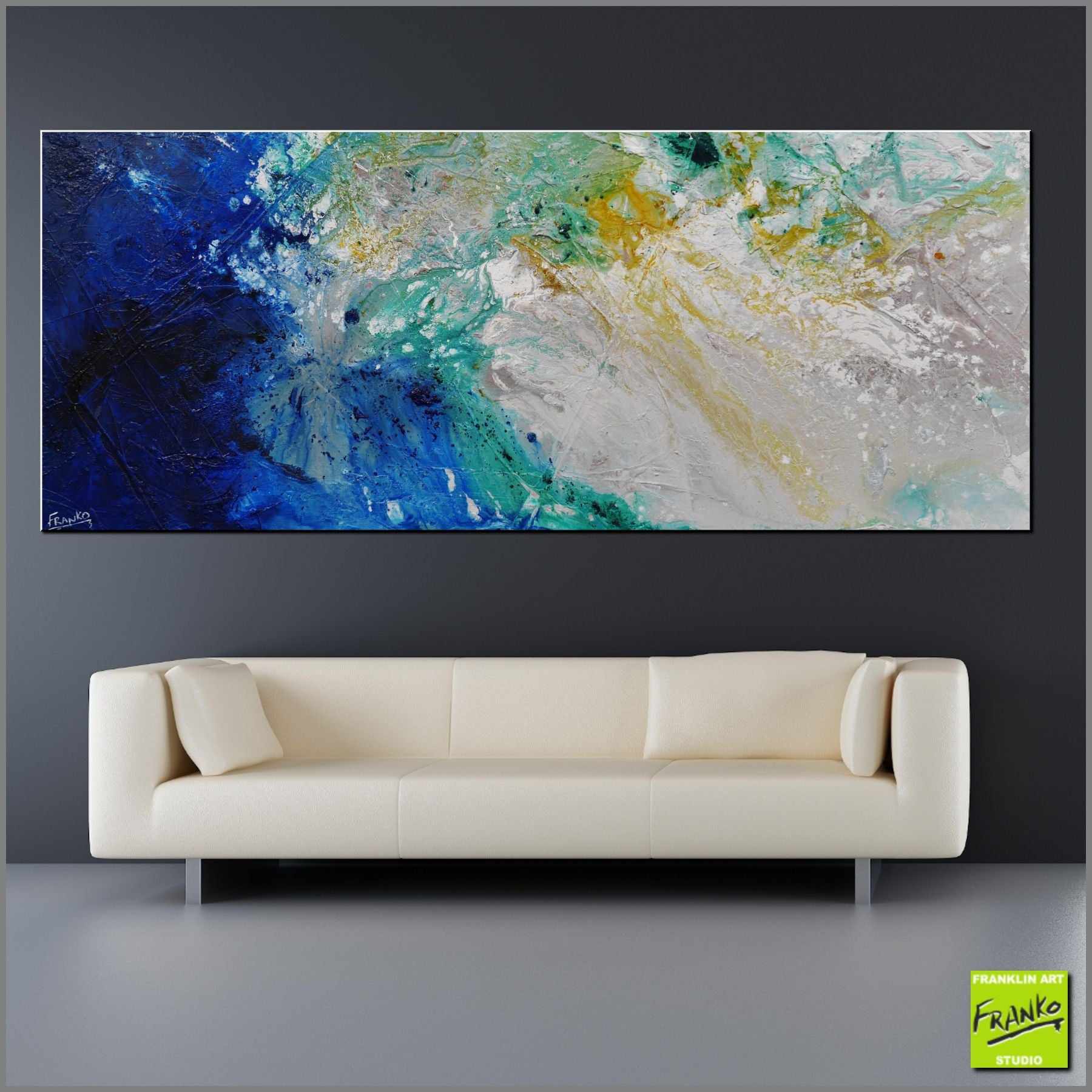 Blue Green Grey Abstract Textured Painting 80x200cm - Modern Wall Art for Living Room, Bedroom & Office Decor