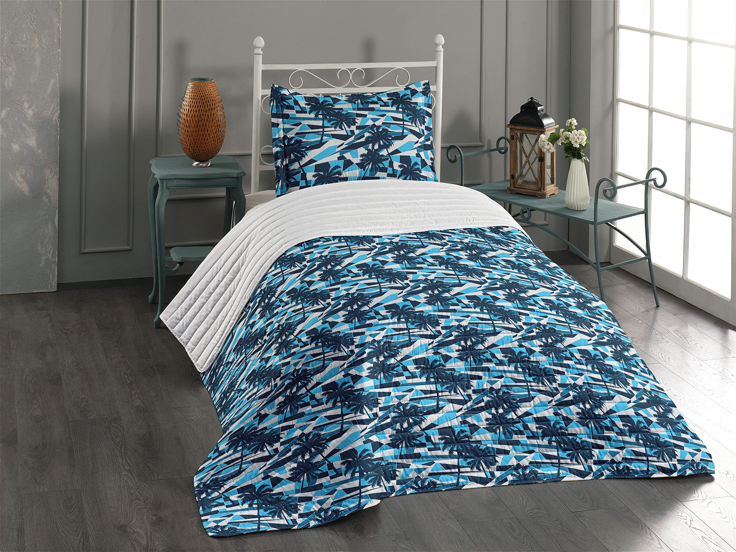 Ambesonne Blue Geometric Palm Tree Microfiber Bedspread Set - Twin Size Soft Comforter with Pillow Sham | Tropical Beach Theme Bedding for Guest Room & Vacation Homes (Dark Blue/White)